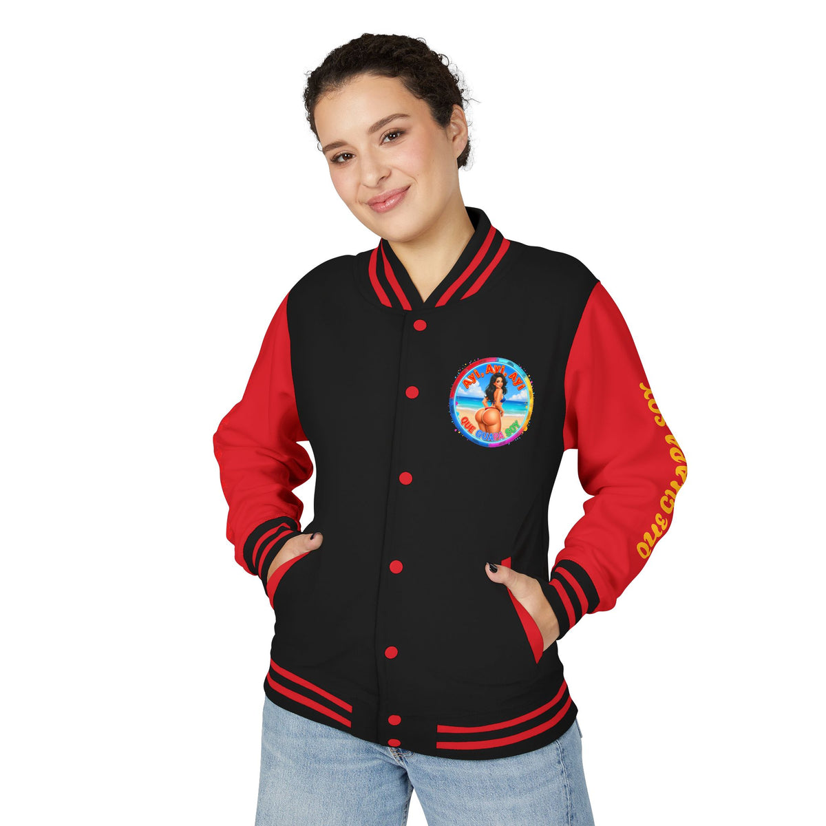 Letterman Jacket – Retro Beach Pinup Varsity Jacket with 'Ayi Ayi Ayi' Graphic
