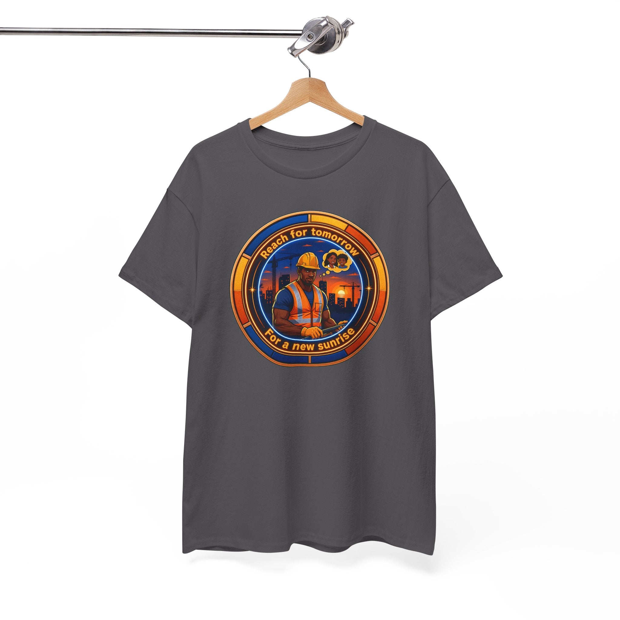 Construction Worker Sunset Tee — “Reach for Tomorrow ” Safety Crew T-Shirt
