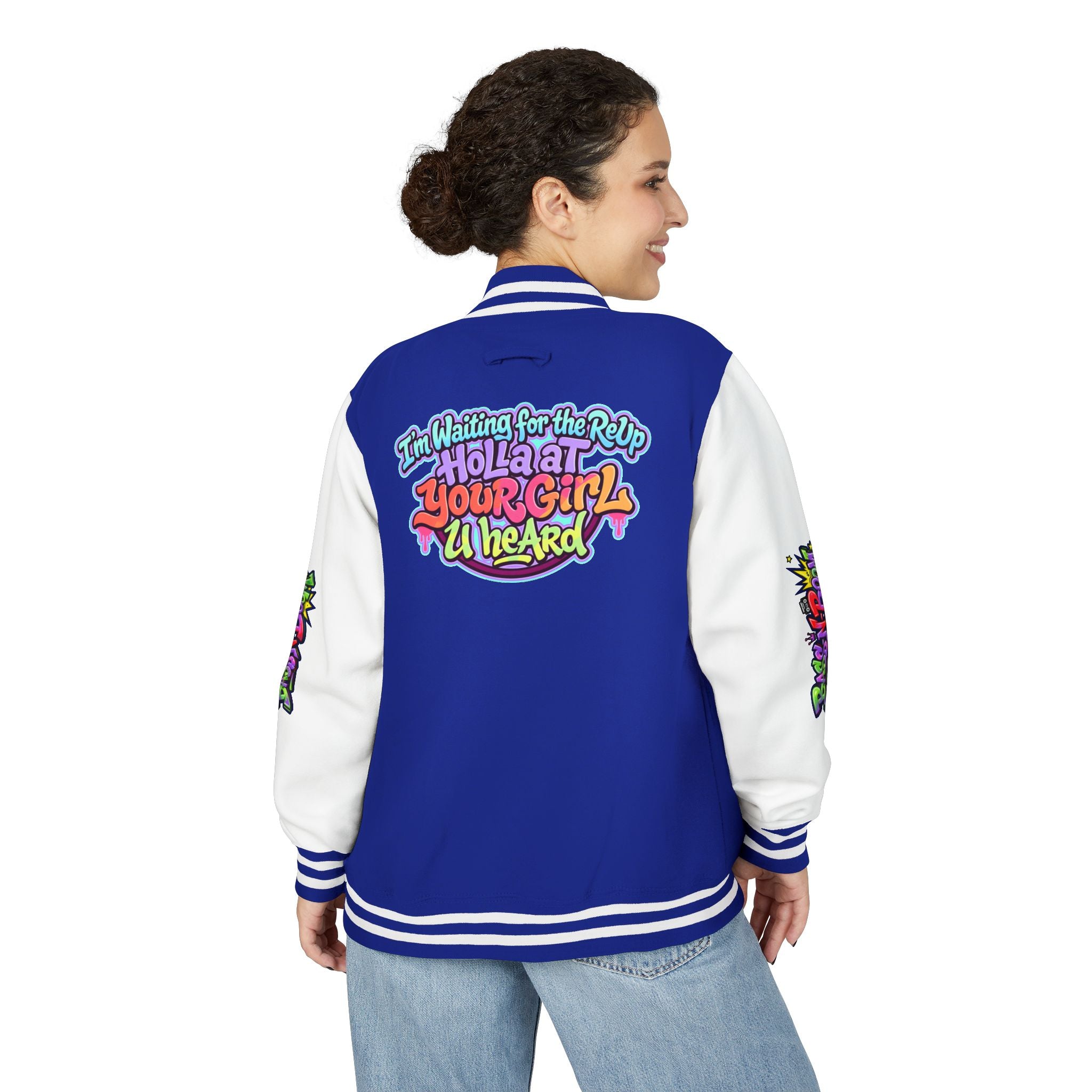 Letterman Jacket — "I'm Waiting For The Reup" Colorful Retro Hip‑Hop Varsity