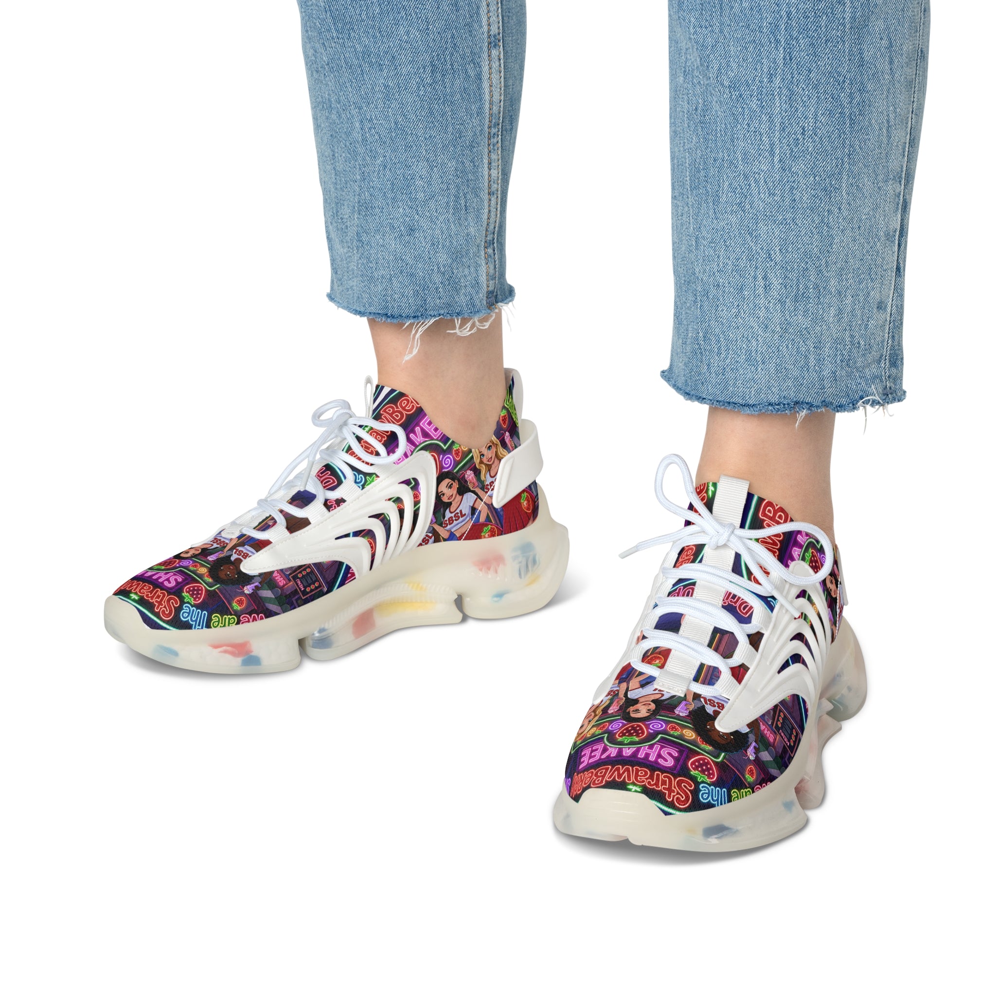 Women’s Mesh Sneakers  " Strawberry Shake "— Colorful Retro Dance Crew Graphic
