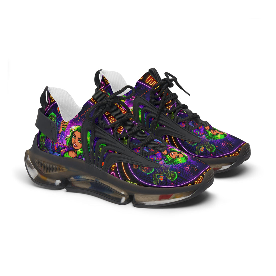 Mesh Sneakers — Neon Green Witch Graphic Athletic Shoes