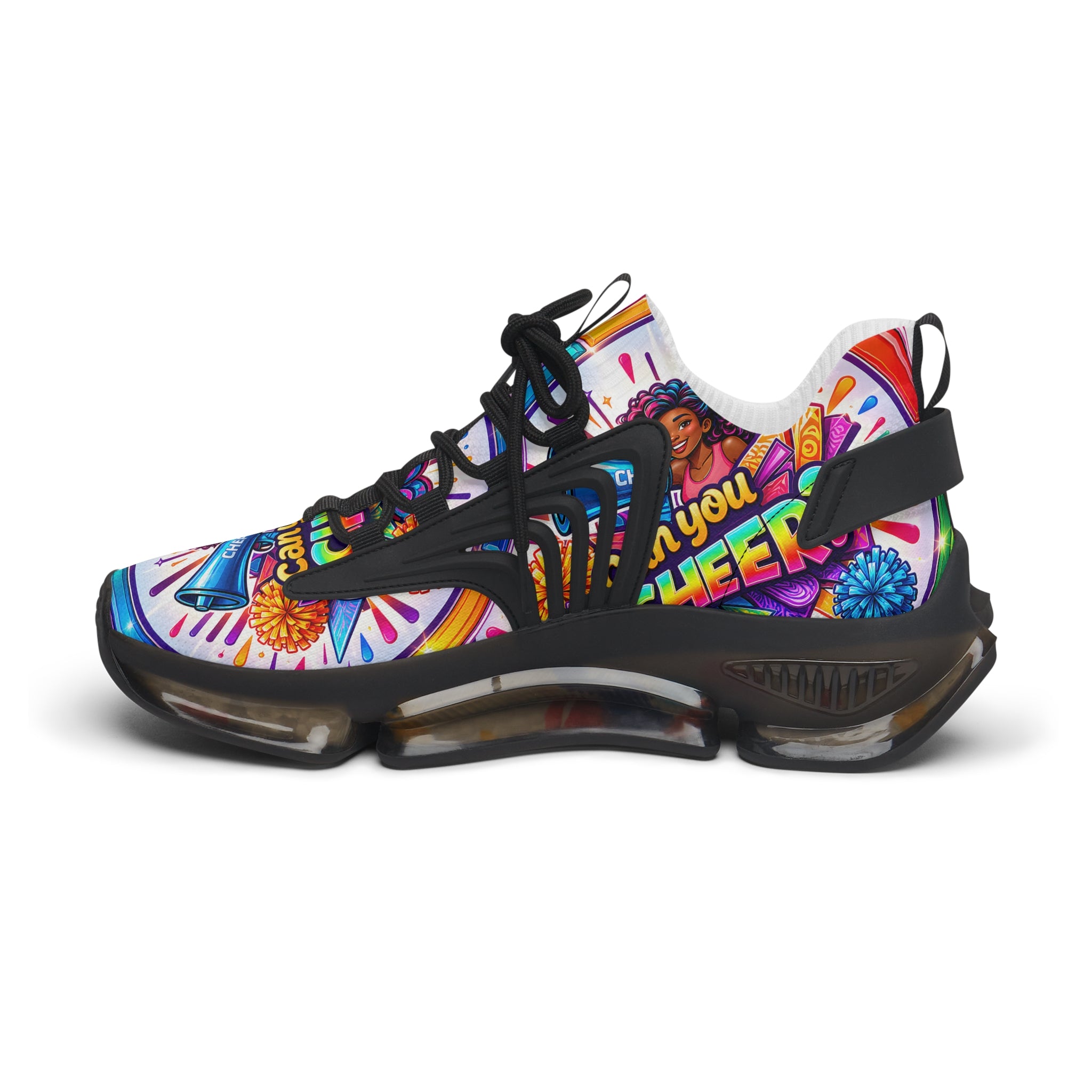 Women's Cheerleader Graphic Mesh Sneakers — "Can You Cheer?" Colorful Athletic Shoes