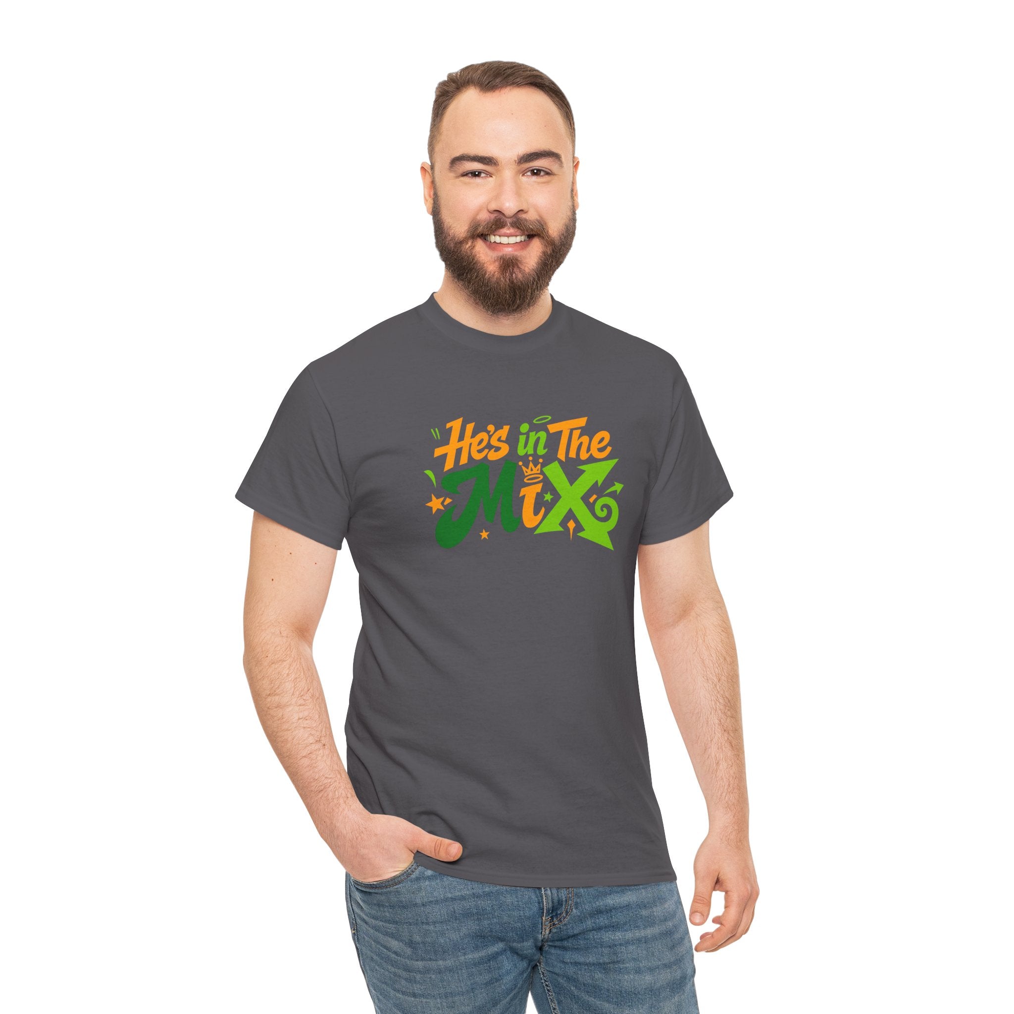 "He's in the Mix" T-Shirt — Retro Green & Orange DJ/Music Tee