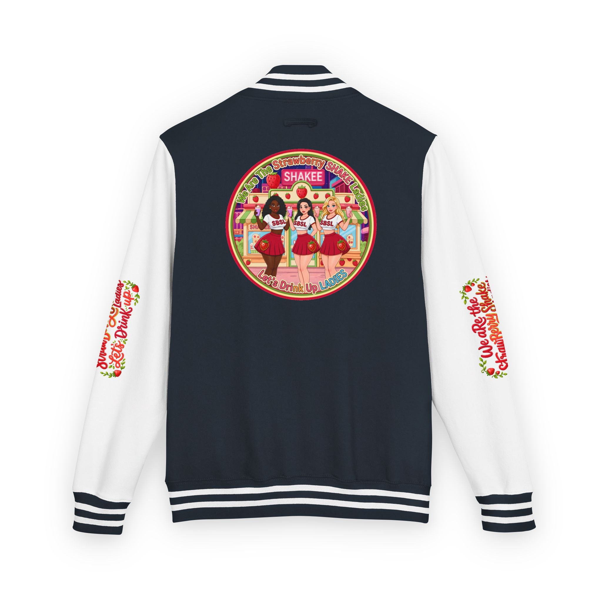 Letterman Jacket — " We Are The Strawberry Shake Ladies " Retro 'Shakee' Strawberry Girls Varsity Jacket