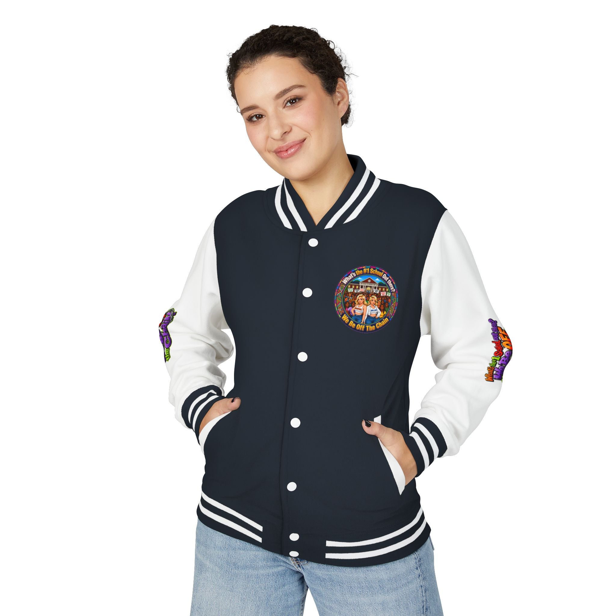 Letterman Jacket — Colorful School Spirit "We Be Off The Chain" Varsity Jacket