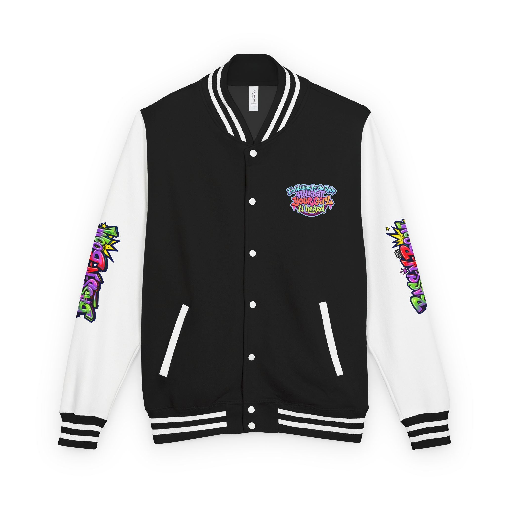 Letterman Jacket — "I'm Waiting For The Reup" Colorful Retro Hip‑Hop Varsity