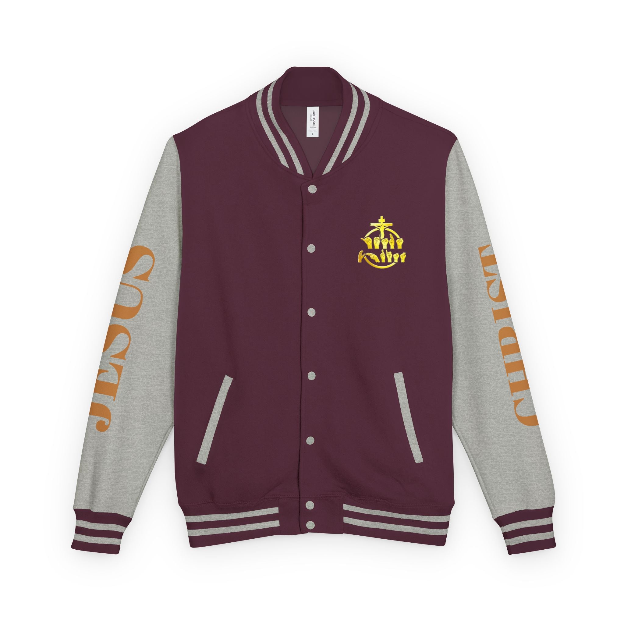 "Sign language Jesus Christ "     Christian Crown Letterman Jacket - 'Jesus Christ' Sleeve Varsity Jacket