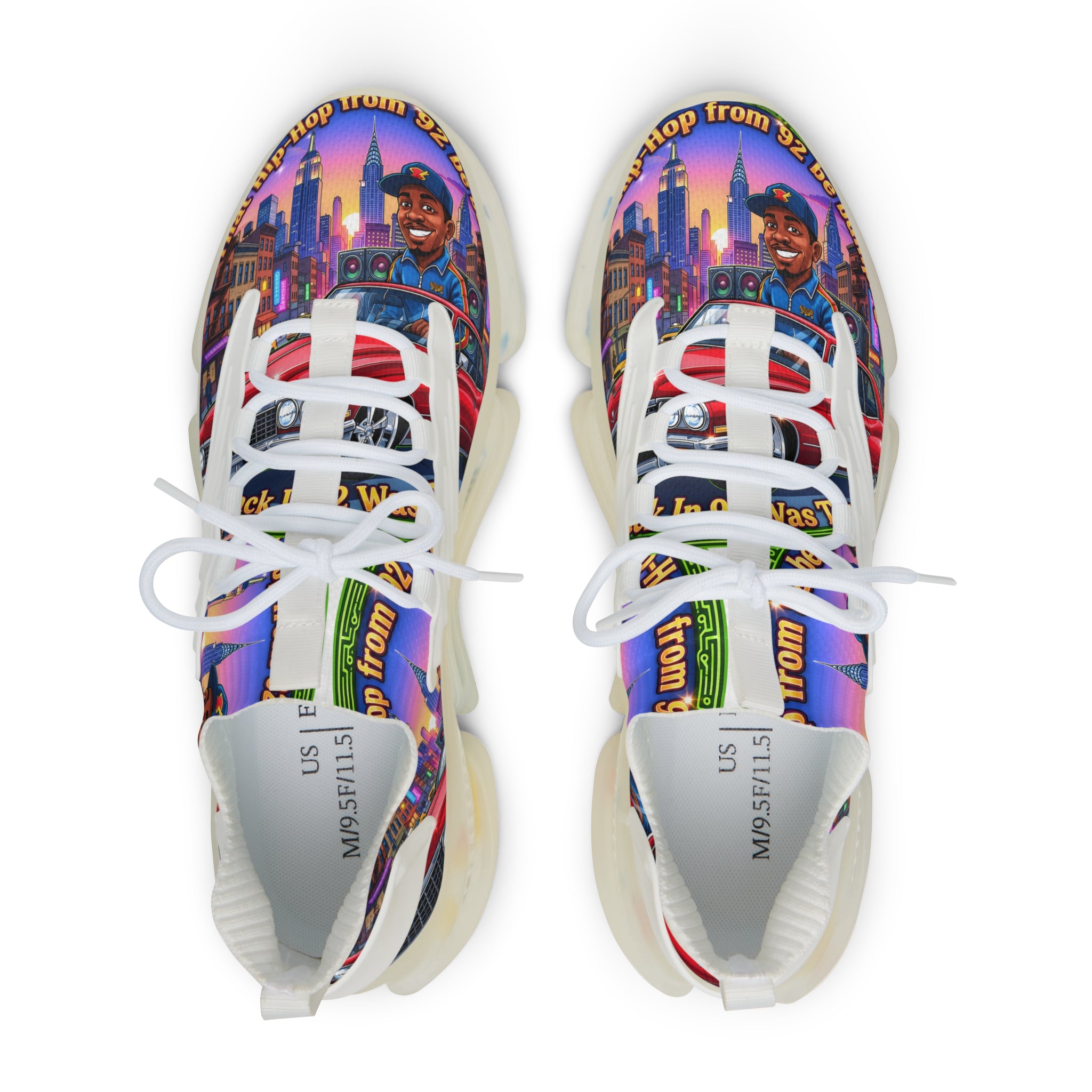 Custom Graphic Mesh Sneakers — "That Hip-hop From 92 Be Bumping" Colorful Cityscape Portrait Design