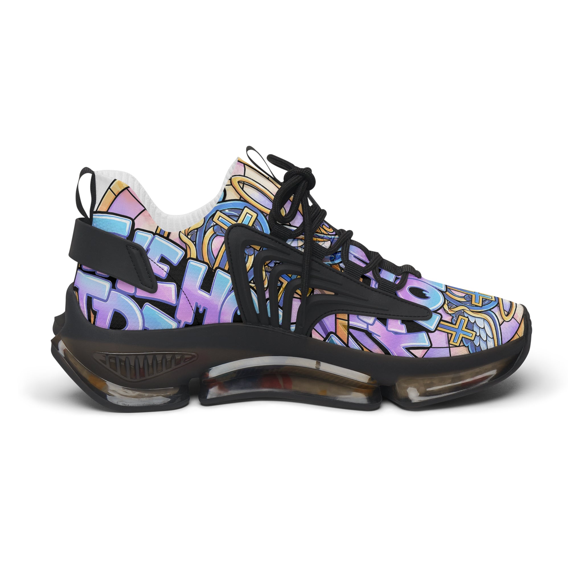 Men's Mesh Sneakers — "Holy Trinity " White Athletic Shoes with Pastel Graffiti Accent