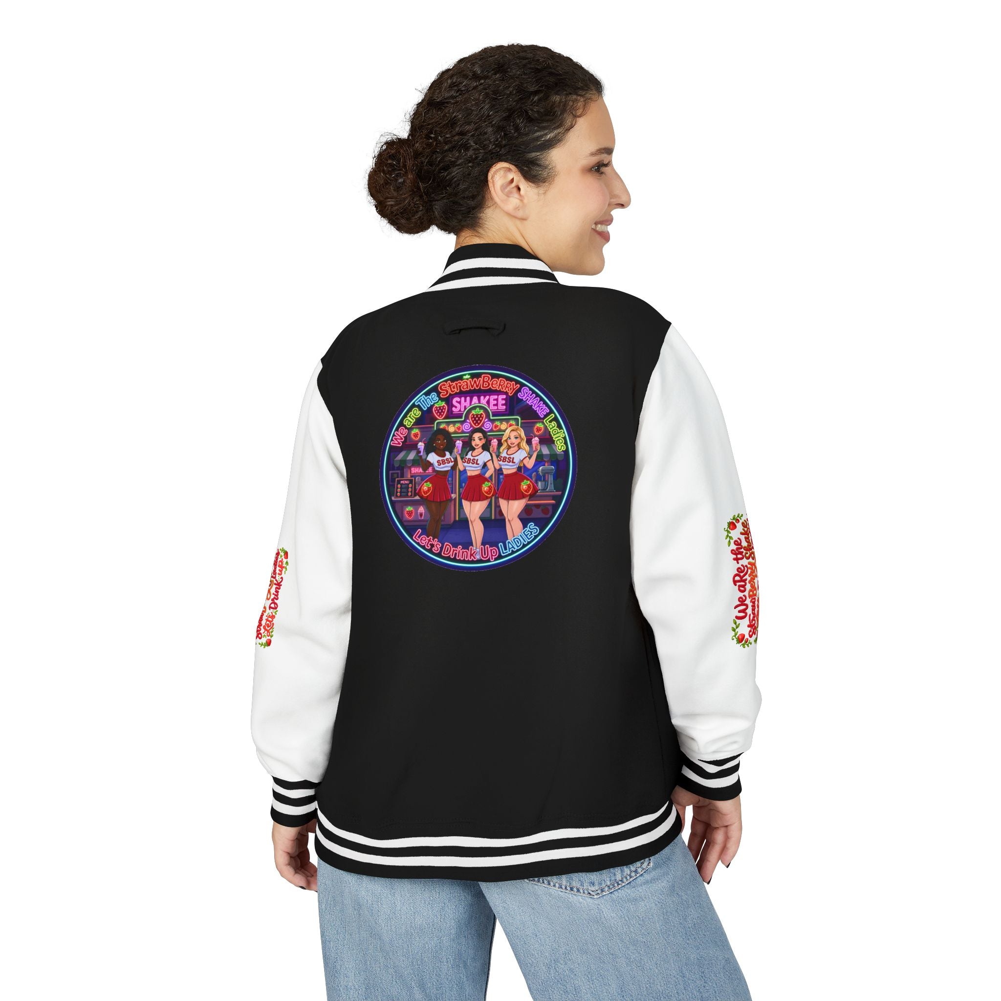 Letterman Jacket —" We Are The Strawberry Shake Ladies " Retro Shakee Cheer Graphic