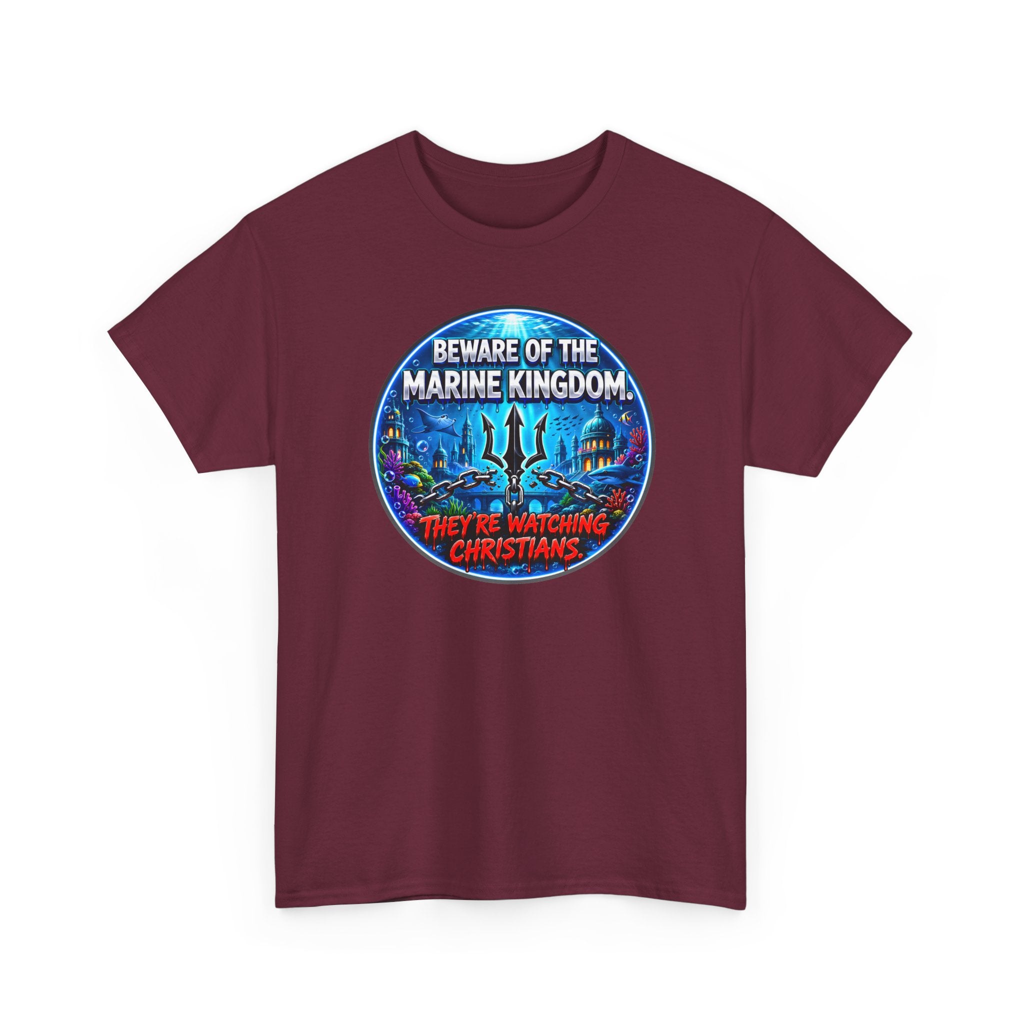 T‑Shirt — "Beware of the Marine Kingdom: They're Watching Christians" Vintage Ocean Graphic
