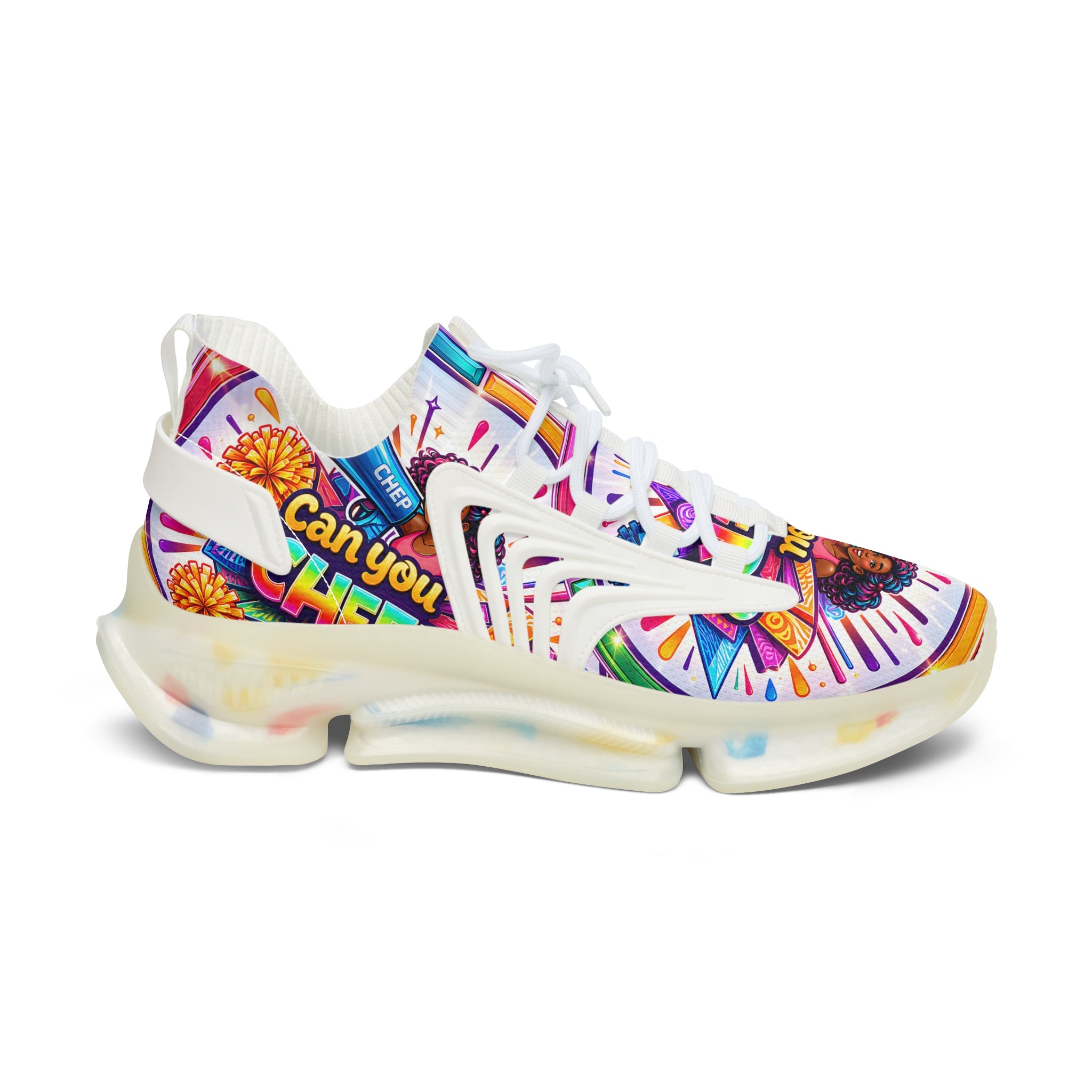 Women's Cheerleader Graphic Mesh Sneakers — "Can You Cheer?" Colorful Athletic Shoes