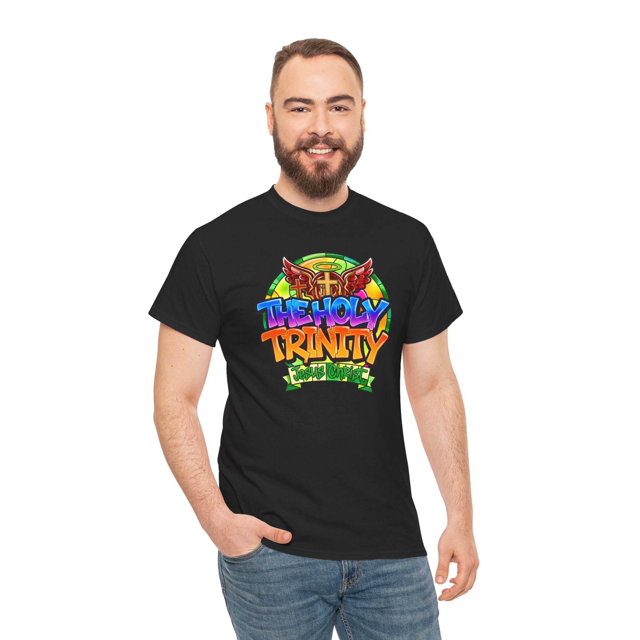 Holy Trinity Graphic Tee — Colorful Faith-Inspired Streetwear T-Shirt