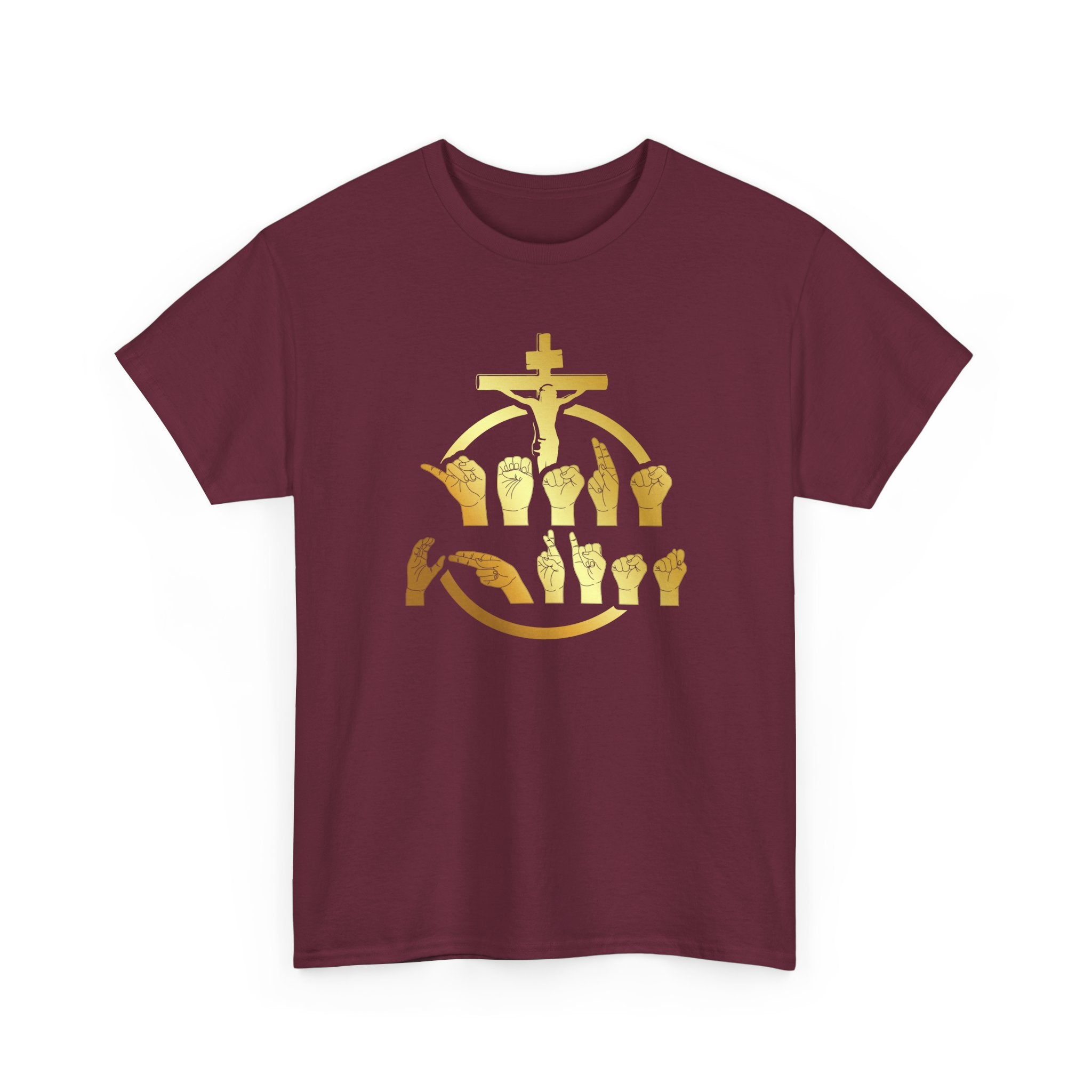 Christian Cross & Praying Hands T-Shirt — Gold Faith Design