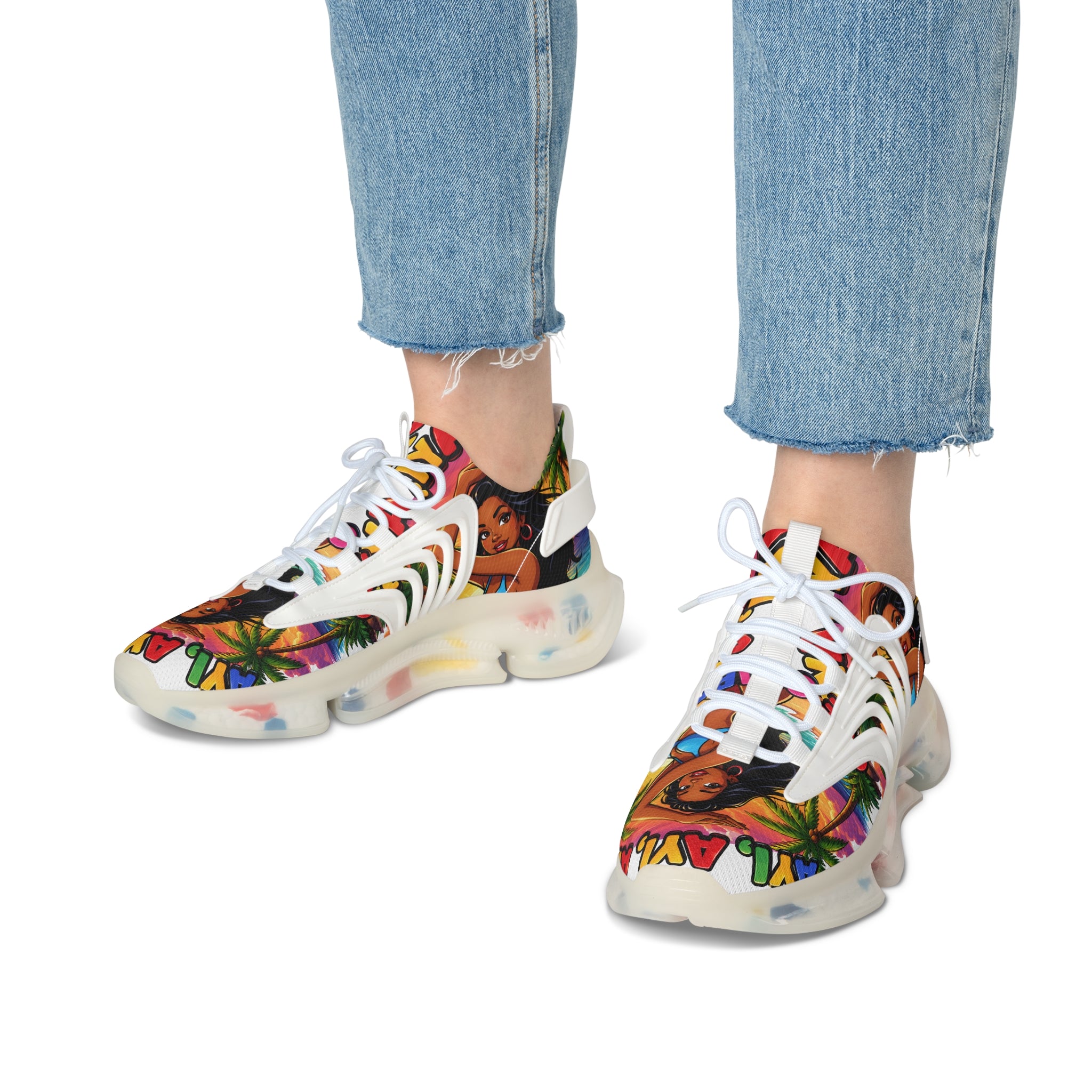 Tropical Vibe Women's Mesh Sneakers — "Ayi  Ayi Ayi Que Guapa Soy "Colorful Hawaiian Pin-Up Design