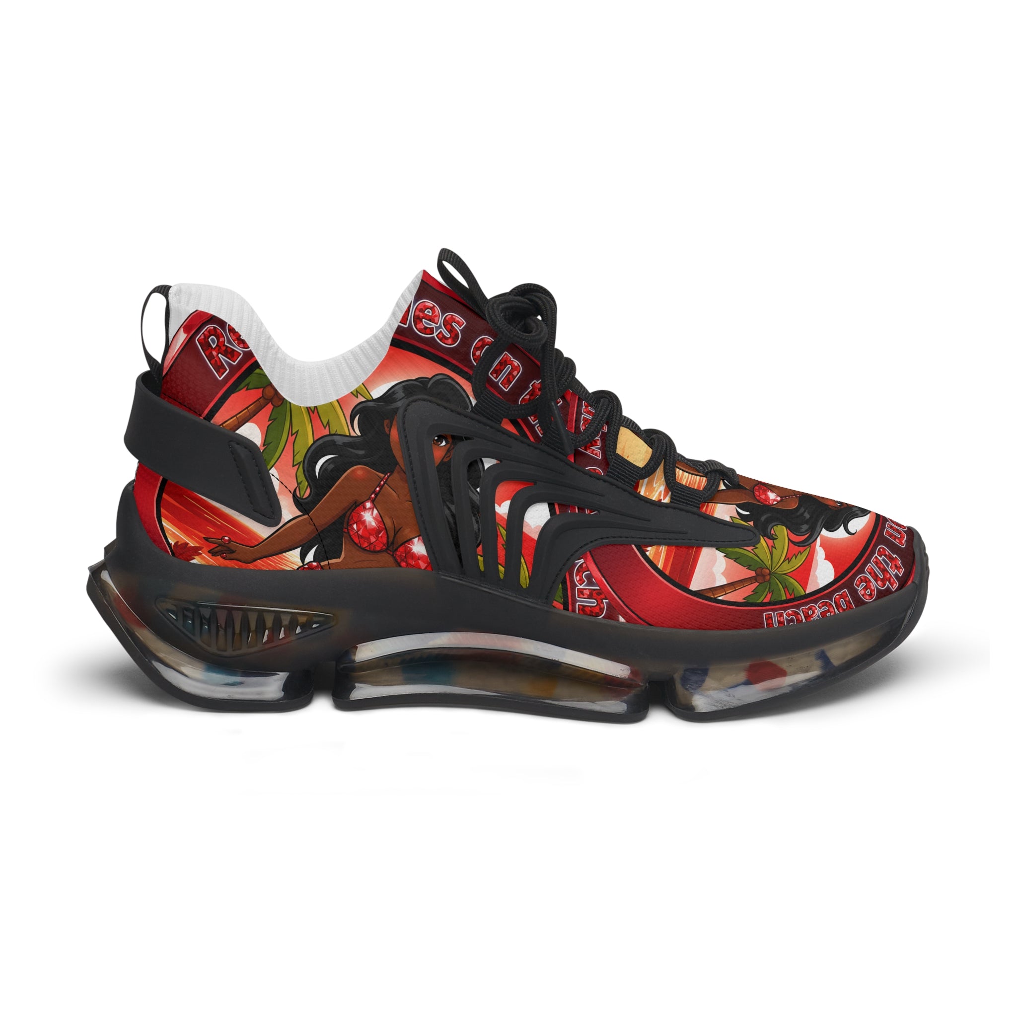 Women’s Mesh Sneakers —"Red Rubies On The Beach" Tropical Pinup Graphic Athletic Shoes