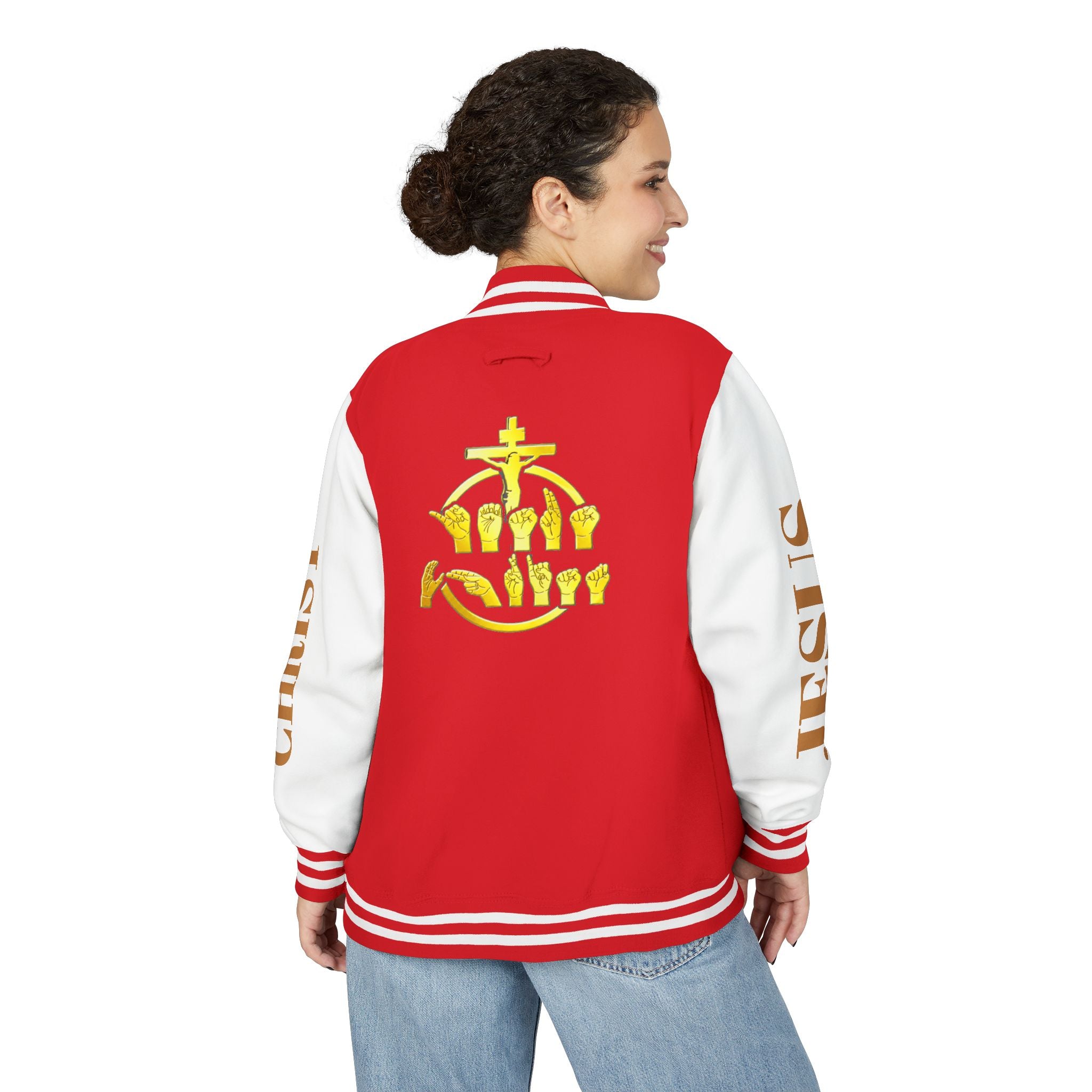 "Sign language Jesus Christ "     Christian Crown Letterman Jacket - 'Jesus Christ' Sleeve Varsity Jacket
