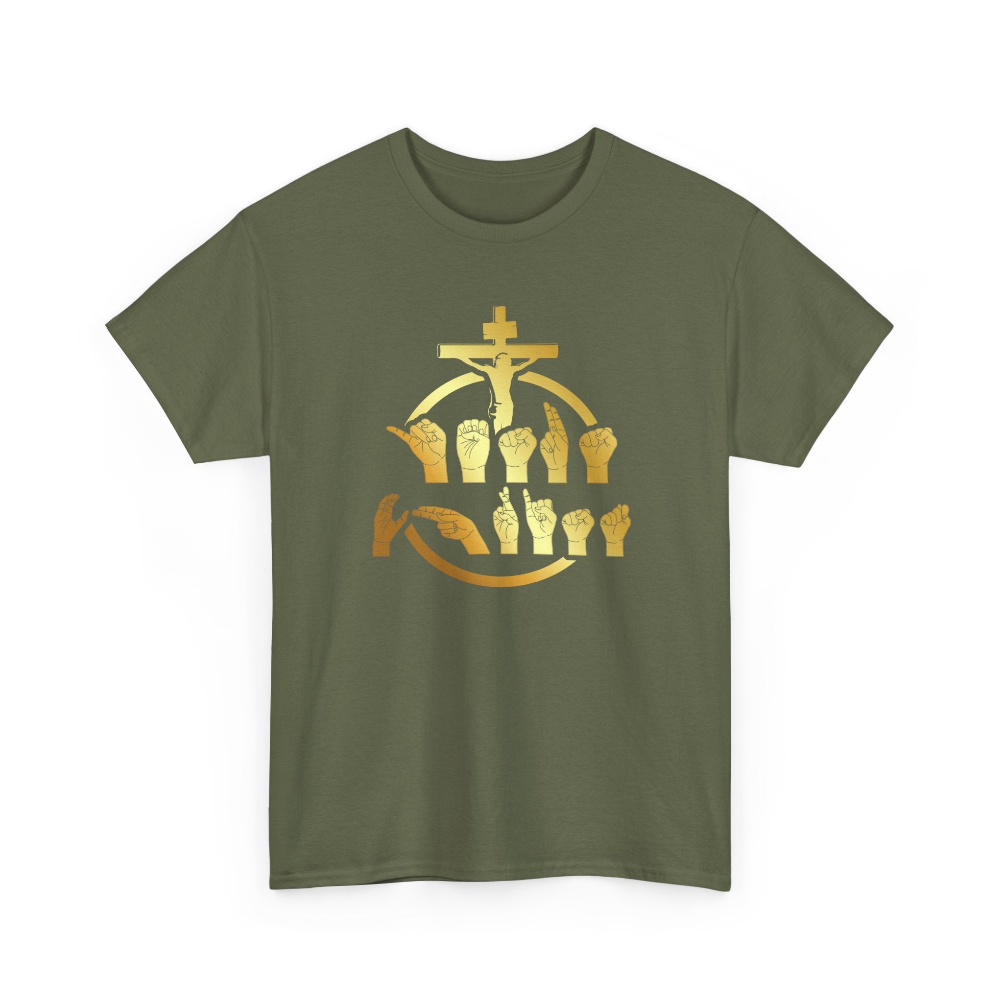 Christian Cross & Praying Hands T-Shirt — Gold Faith Design