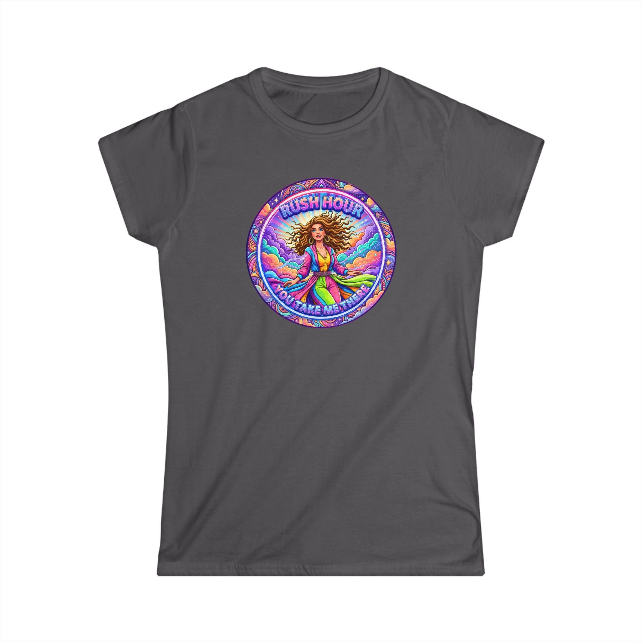 Women's Tee — “Rush Hour” Colorful Retro Hippie Graphic