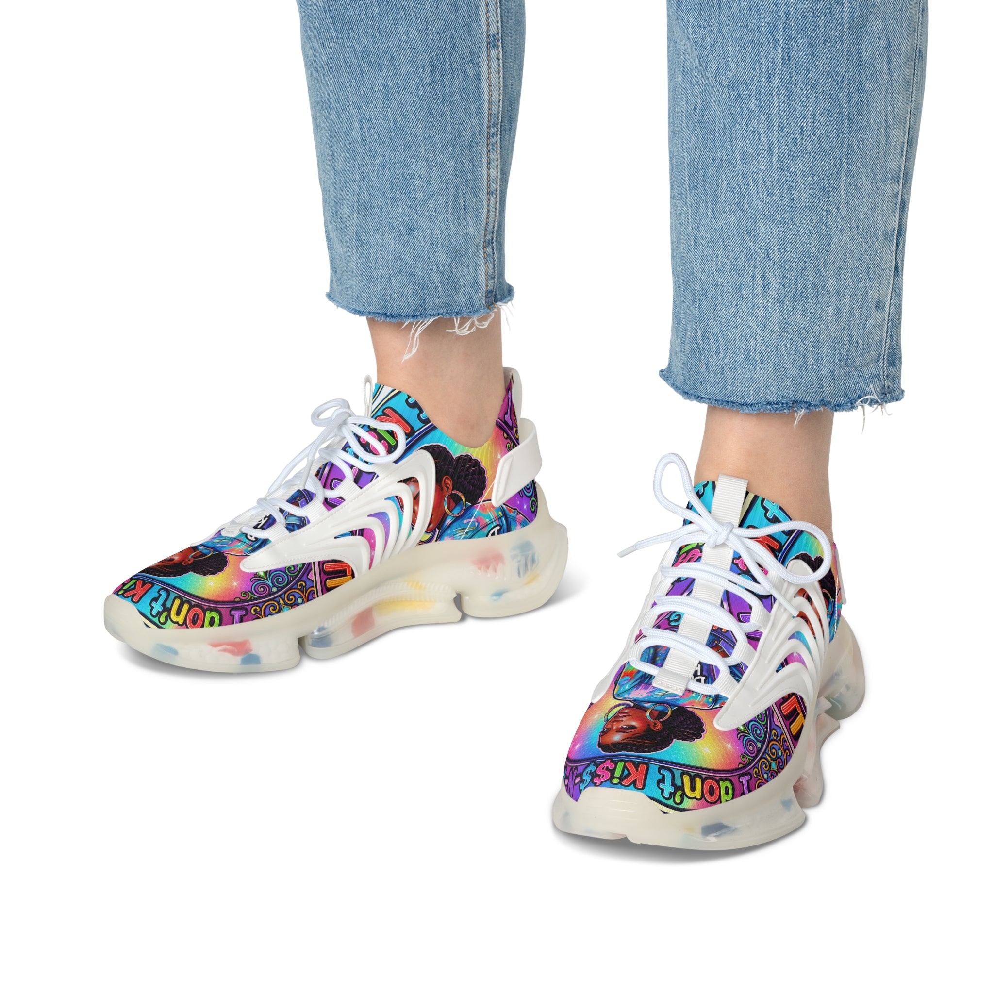 Women's Mesh Sneakers — Colorful Afrocentric Portrait Running Shoes with 'Don't Kiss' Graphic