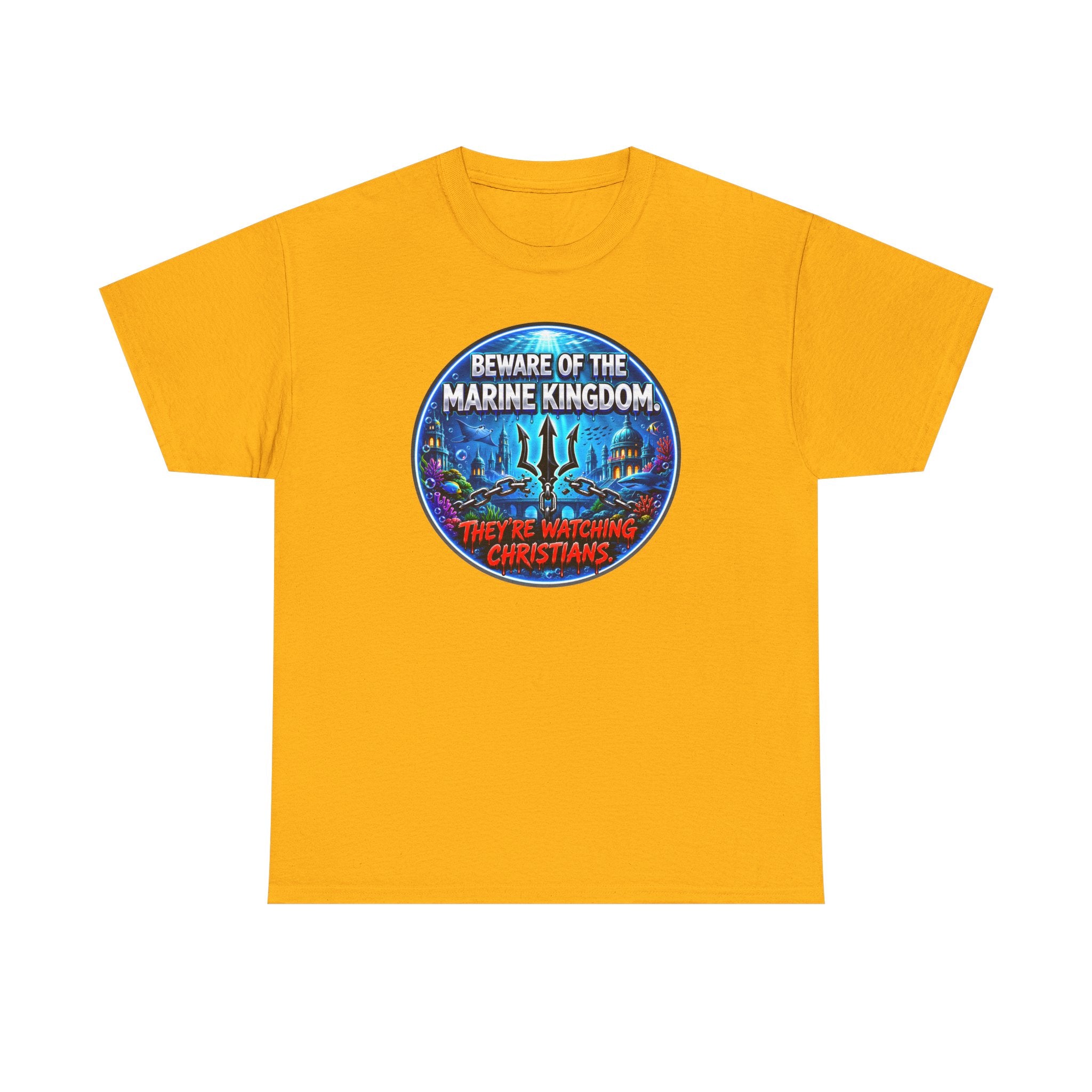 T‑Shirt — "Beware of the Marine Kingdom: They're Watching Christians" Vintage Ocean Graphic