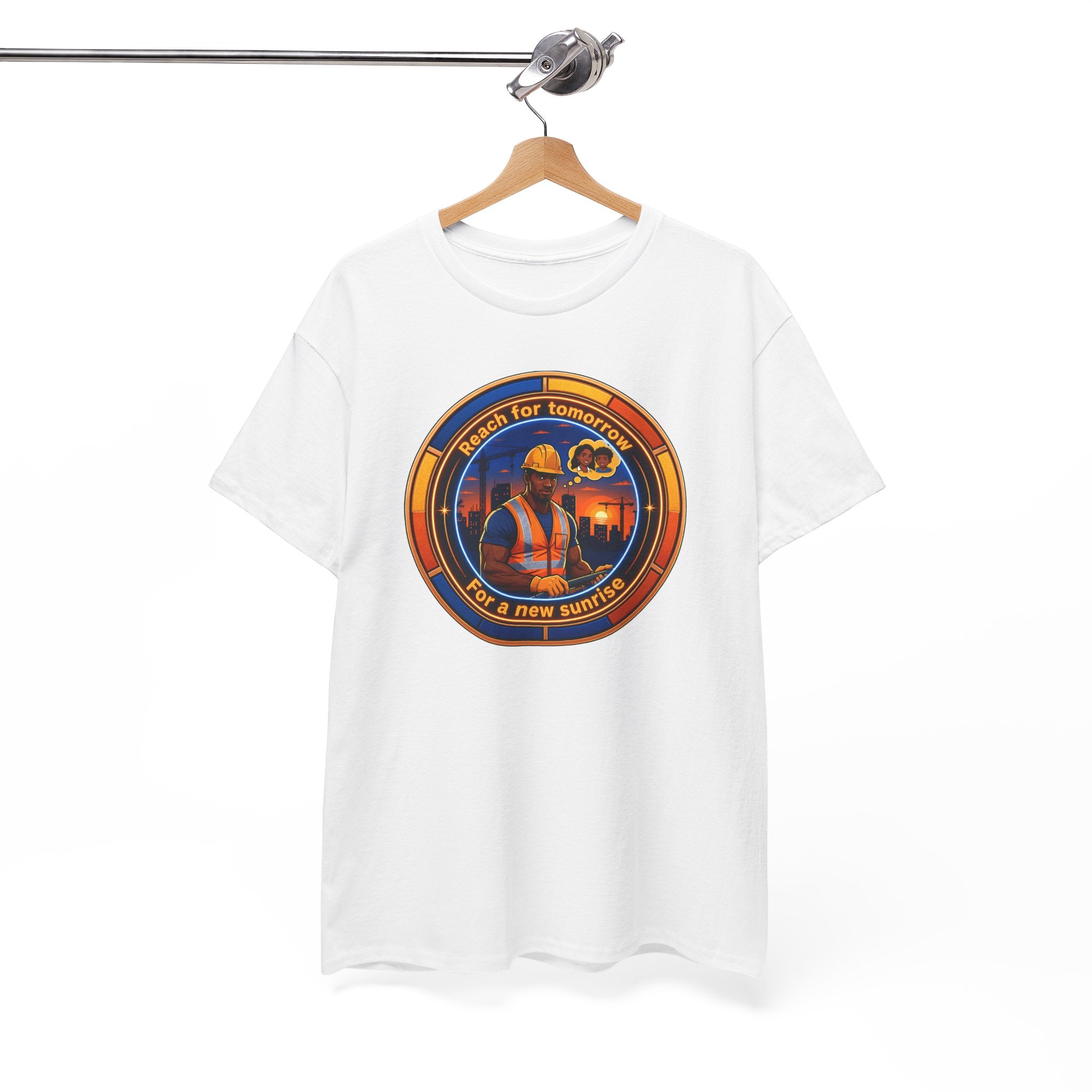 Construction Worker Sunset Tee — “Reach for Tomorrow ” Safety Crew T-Shirt