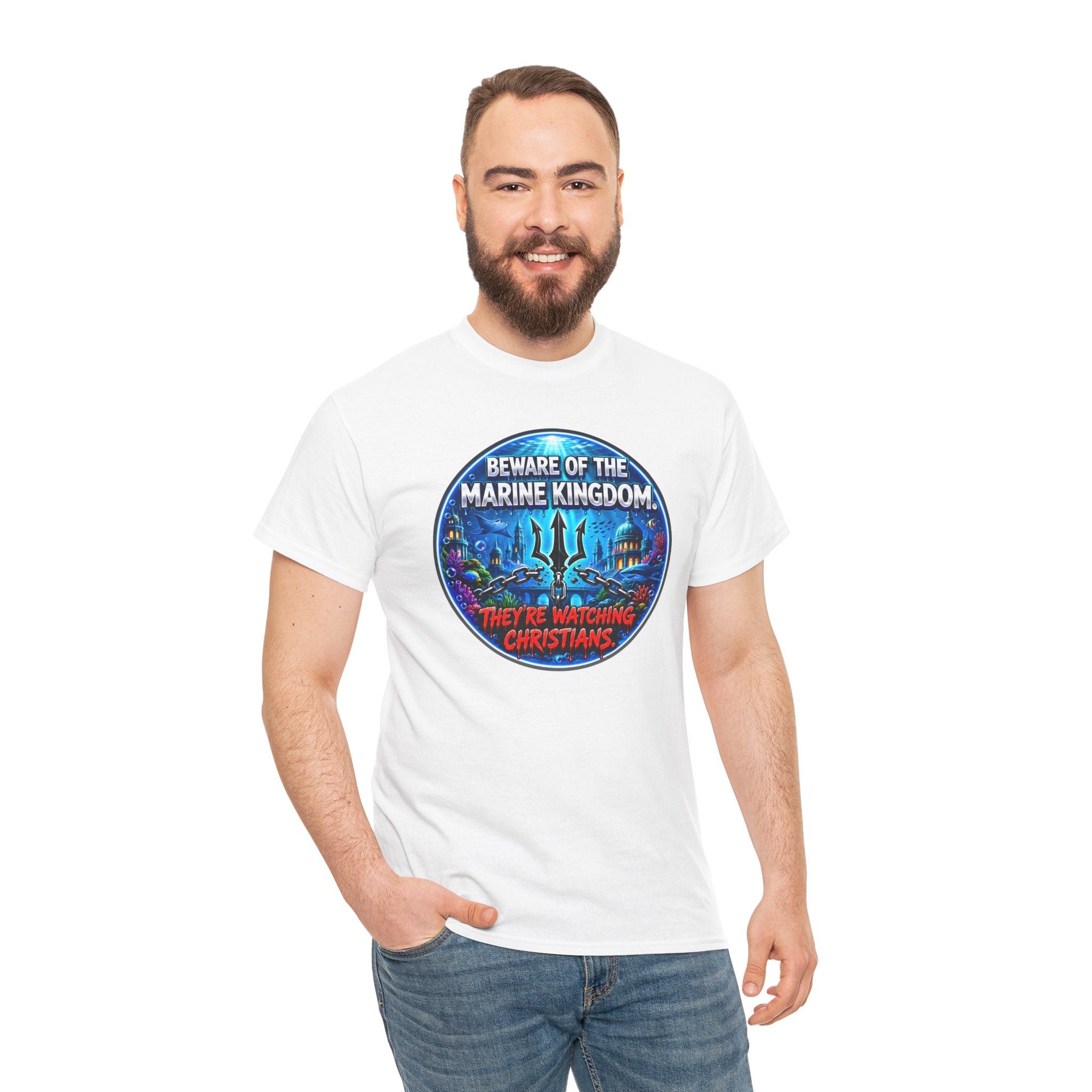 T‑Shirt — "Beware of the Marine Kingdom: They're Watching Christians" Vintage Ocean Graphic