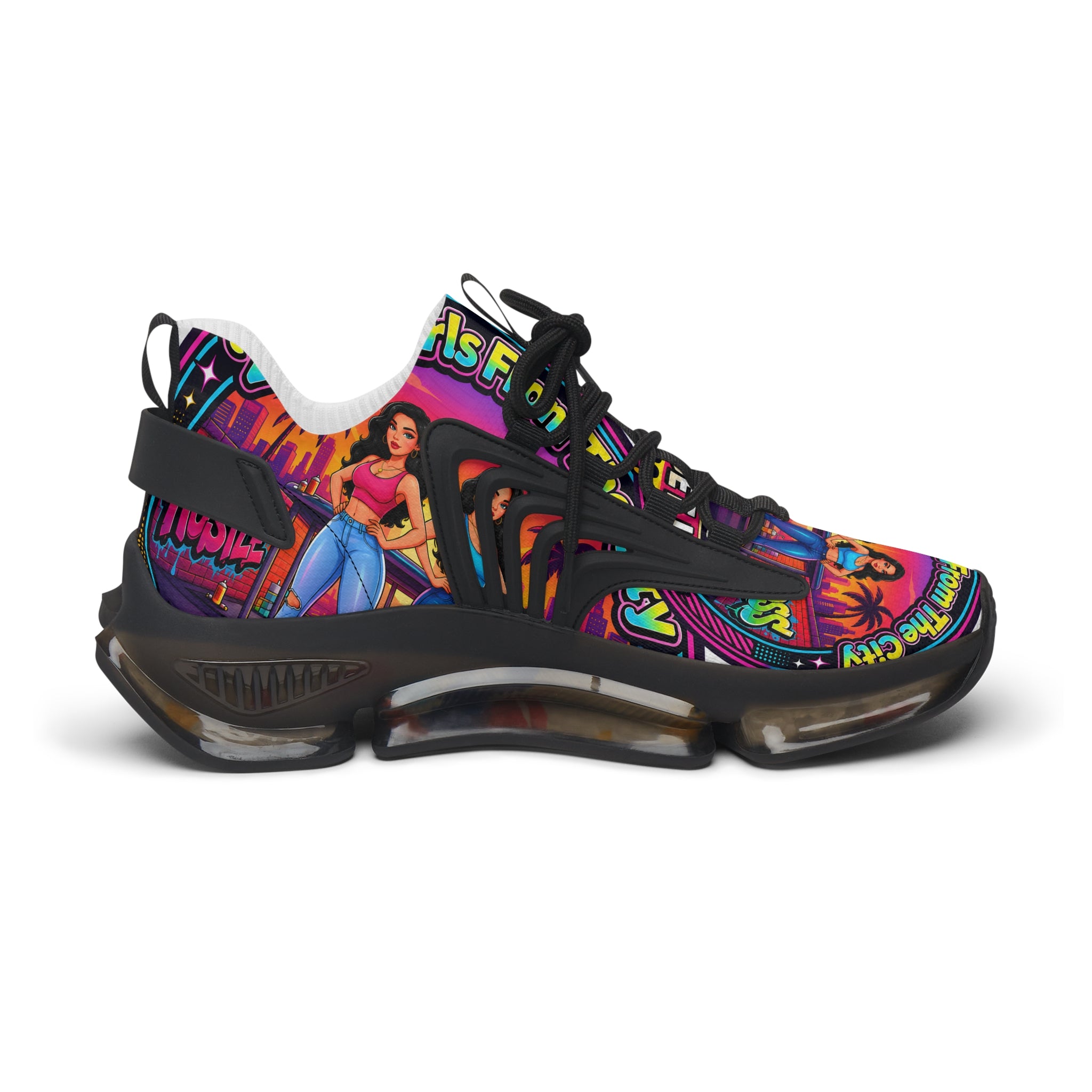 Women’s Mesh Sneakers — Colorful Retro '2Fly Girls From The City' Graphic Athletic Shoes