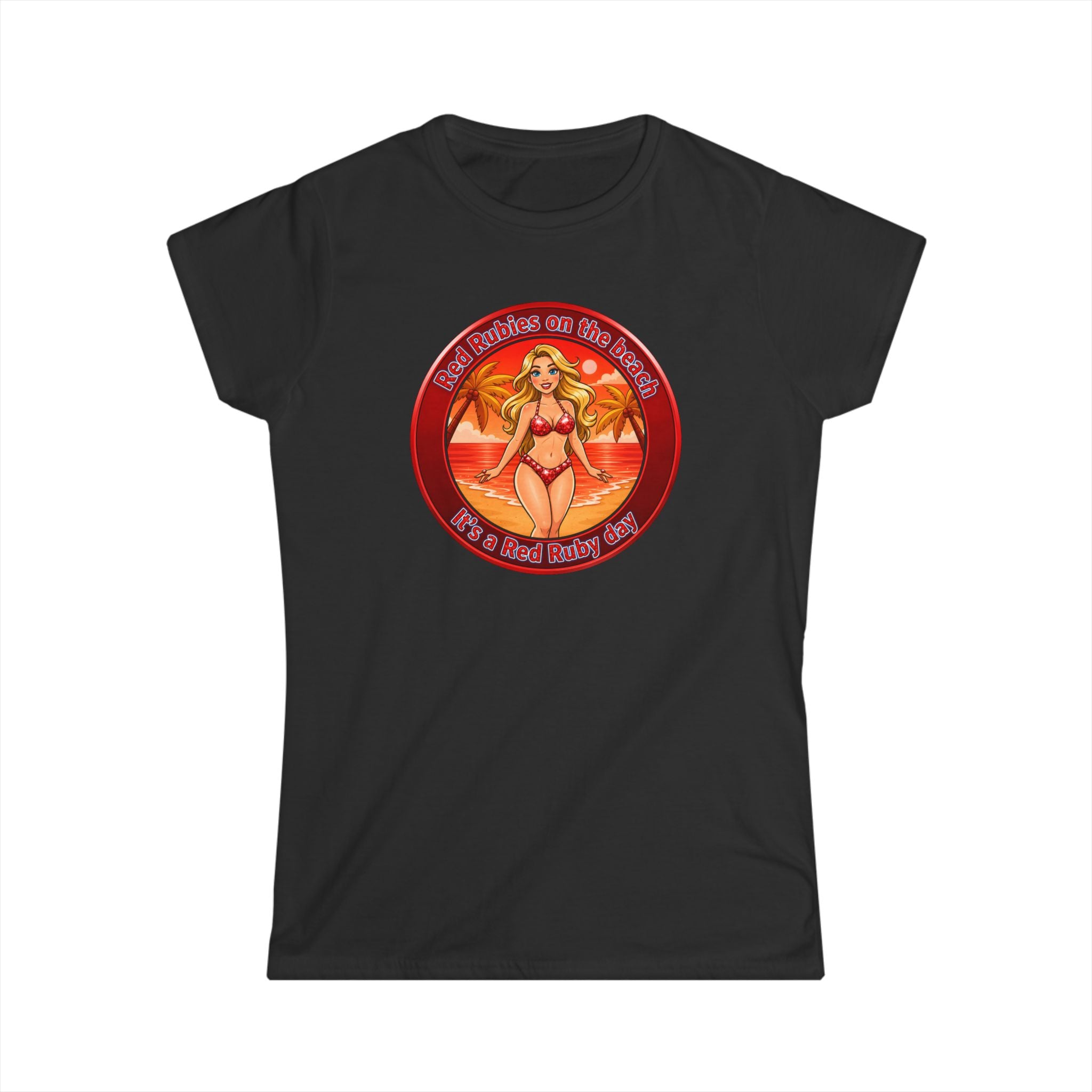 Beach Babe Graphic Tee — "Red Rubies On The Beach" Retro Bikini Design