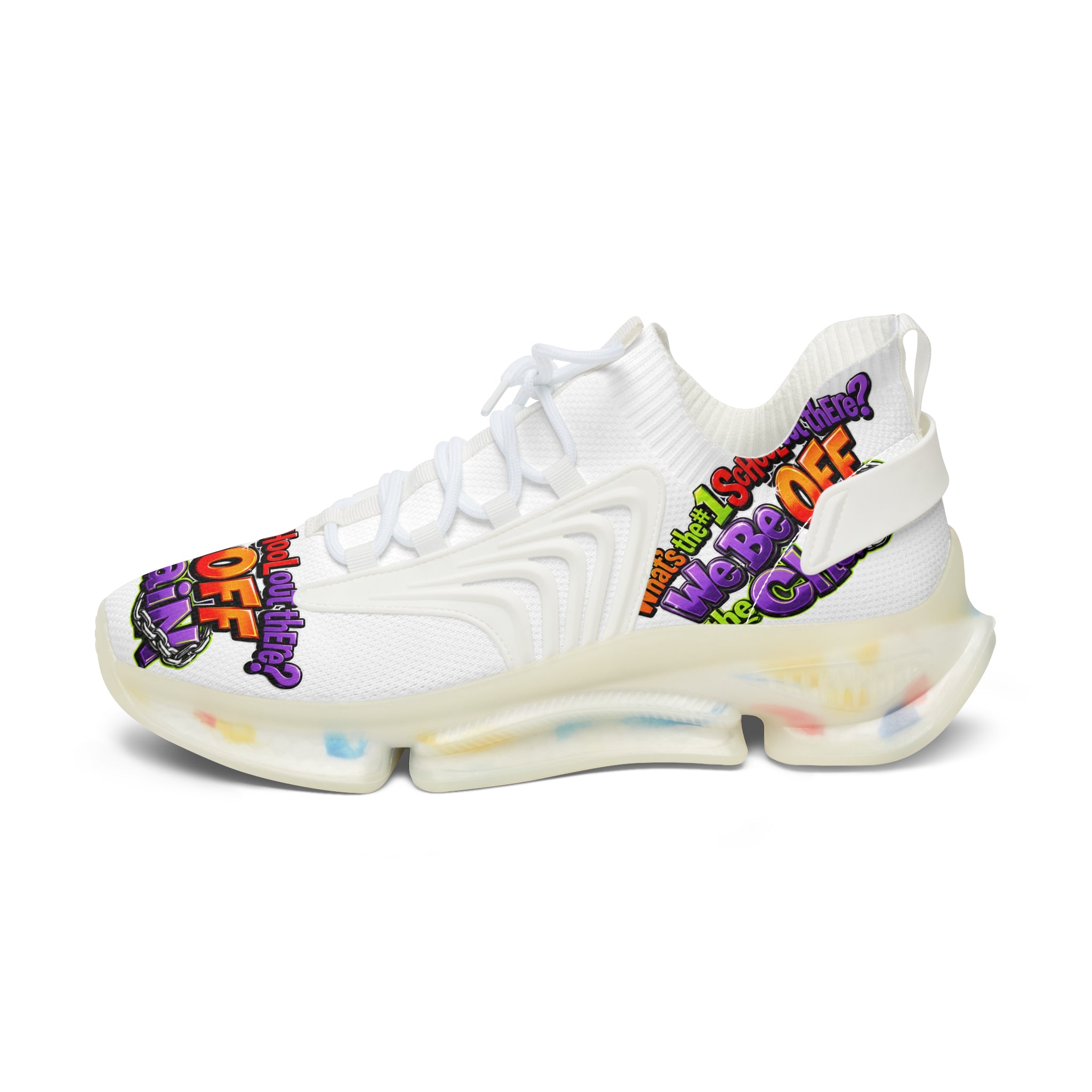 Mesh Sneakers — Colorful "We Be Off the Chain" Graphic Athletic Shoes