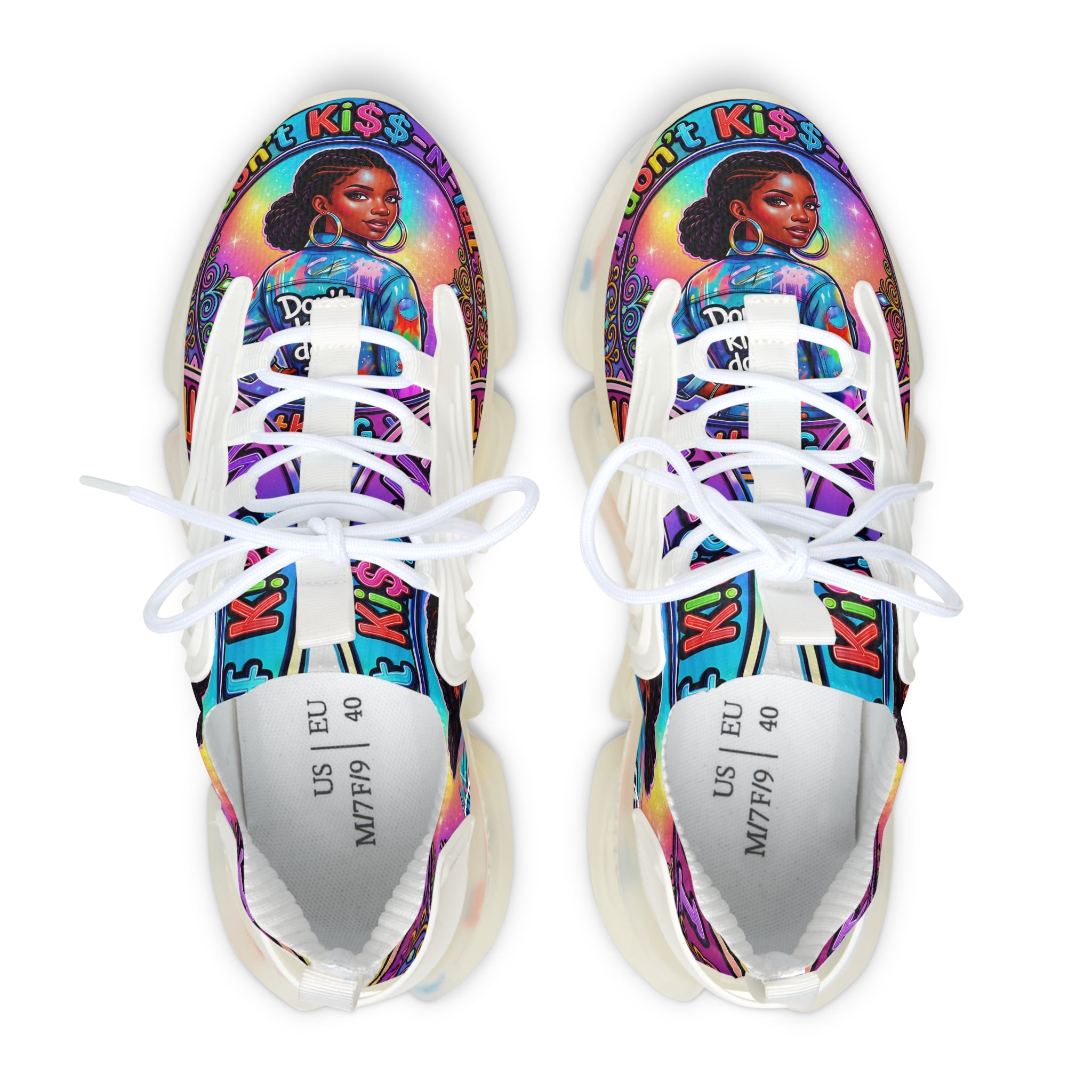 Women's Mesh Sneakers — Colorful Afrocentric Portrait Running Shoes with 'Don't Kiss' Graphic