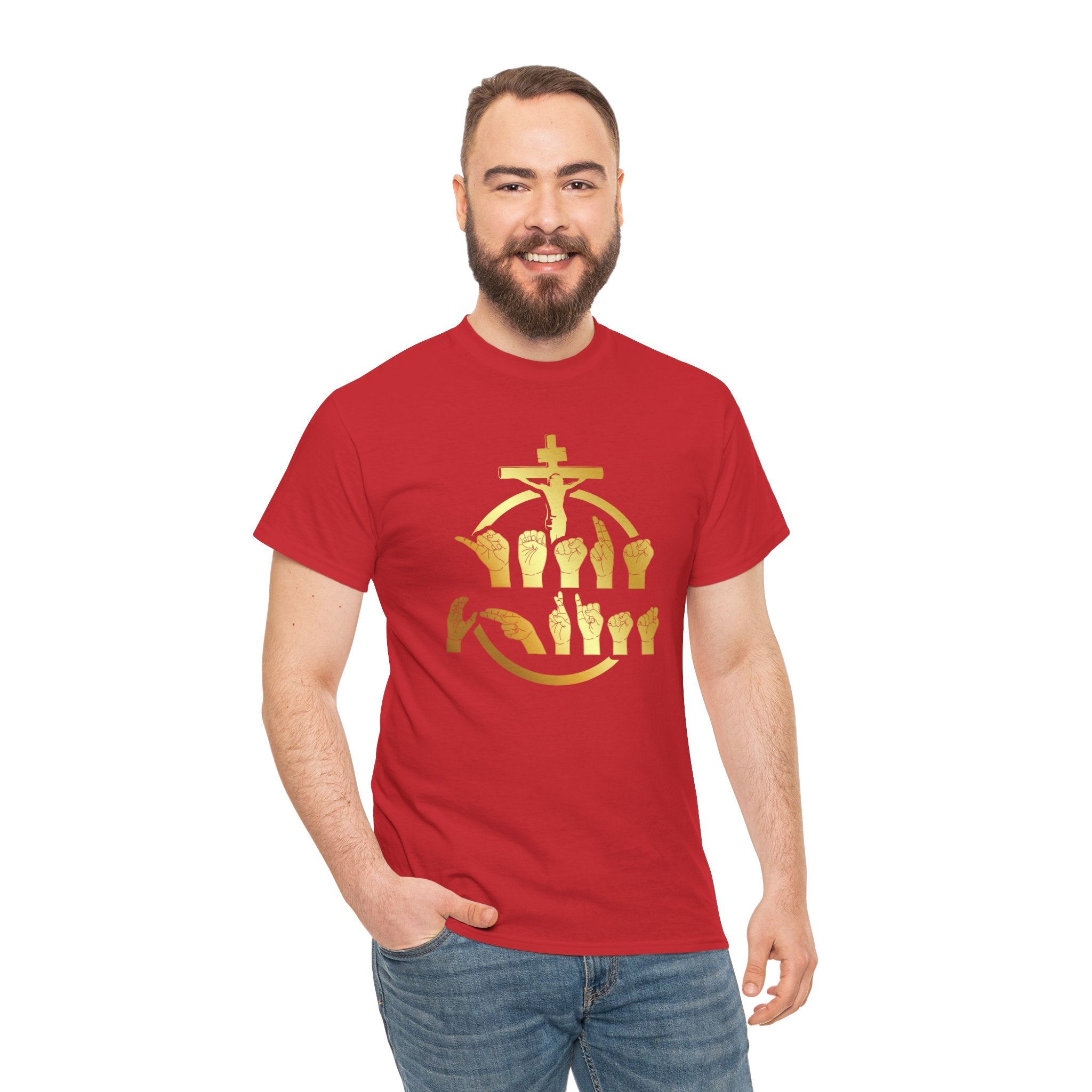 Christian Cross & Praying Hands T-Shirt — Gold Faith Design