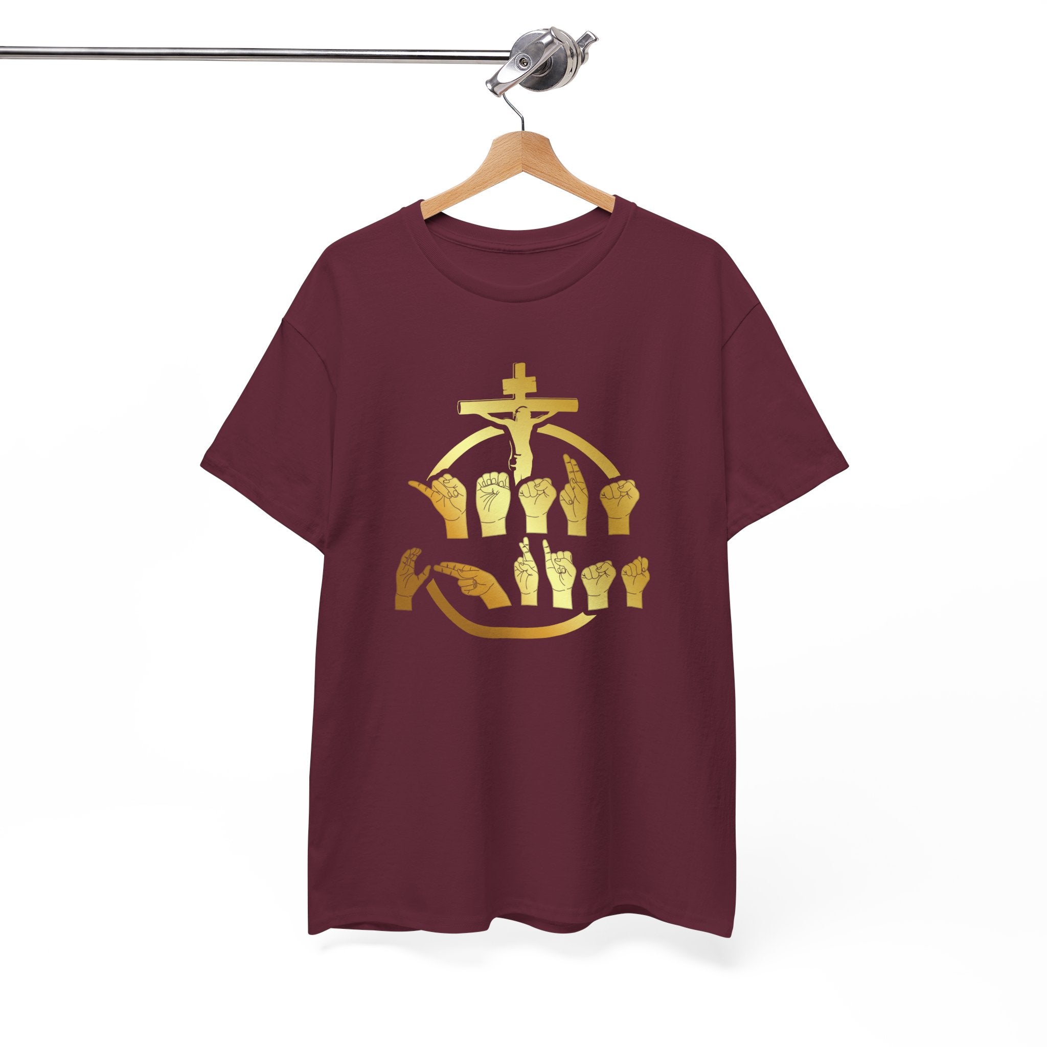 Christian Cross & Praying Hands T-Shirt — Gold Faith Design