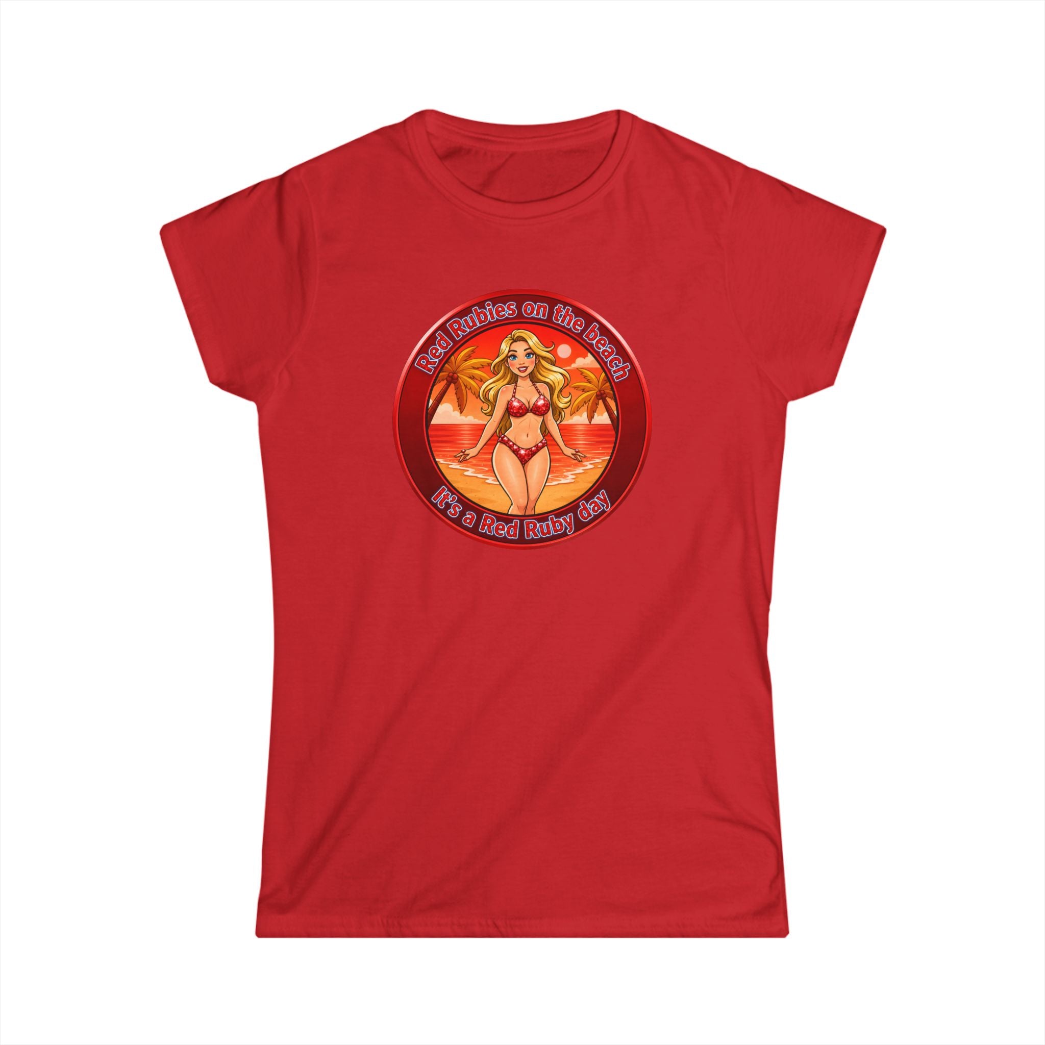Beach Babe Graphic Tee — "Red Rubies On The Beach" Retro Bikini Design