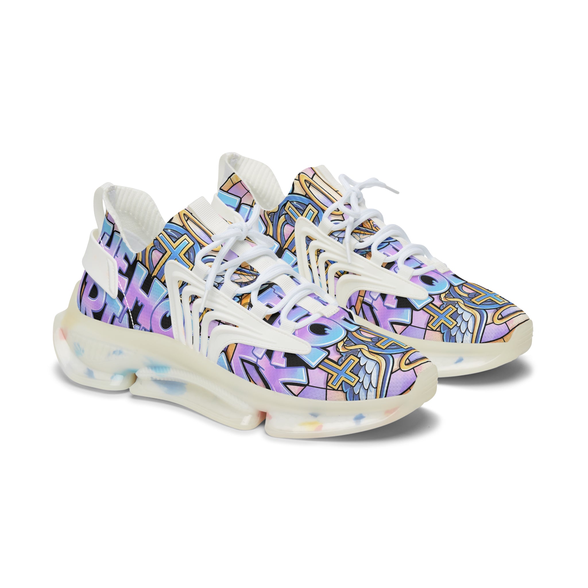 Men's Mesh Sneakers — "Holy Trinity " White Athletic Shoes with Pastel Graffiti Accent