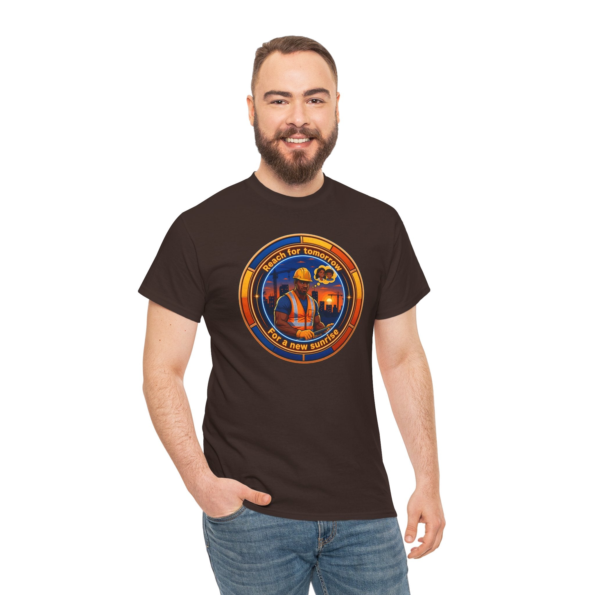 Construction Worker Sunset Tee — “Reach for Tomorrow ” Safety Crew T-Shirt