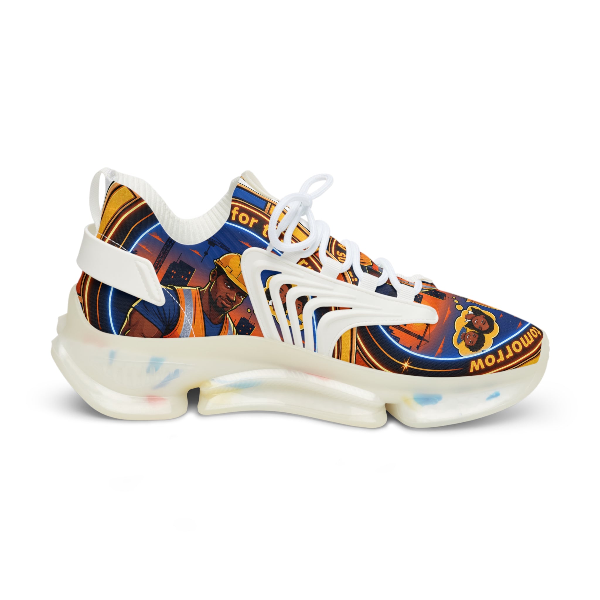 Men's Construction Worker Mesh Sneakers — 'Reach for Tomorrow' Graphic Athletic Shoes