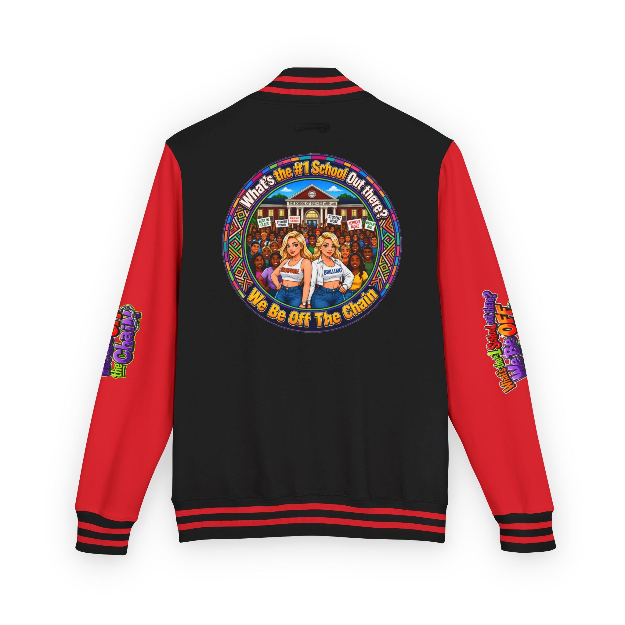 Letterman Jacket — Colorful School Spirit "We Be Off The Chain" Varsity Jacket