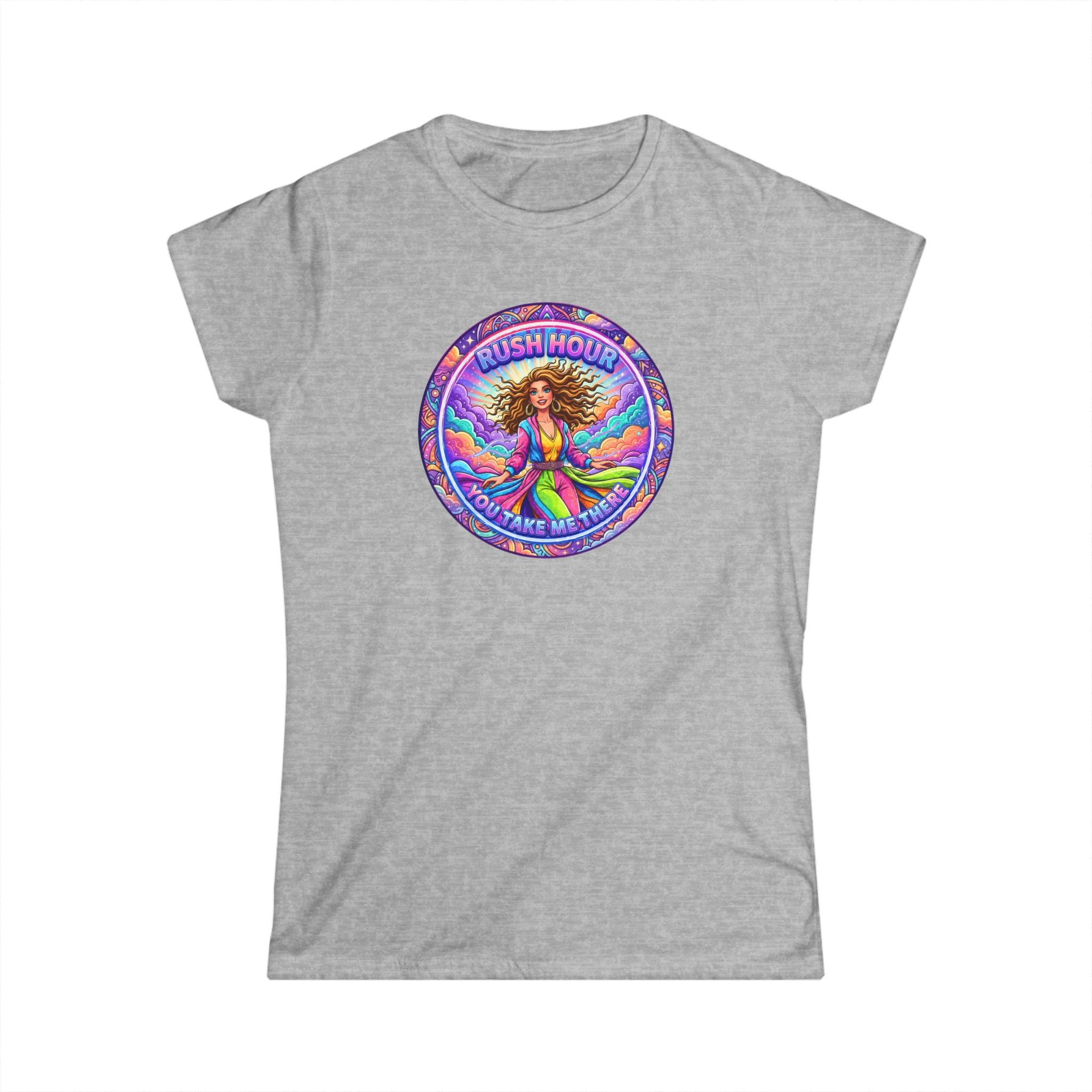 Women's Tee — “Rush Hour” Colorful Retro Hippie Graphic