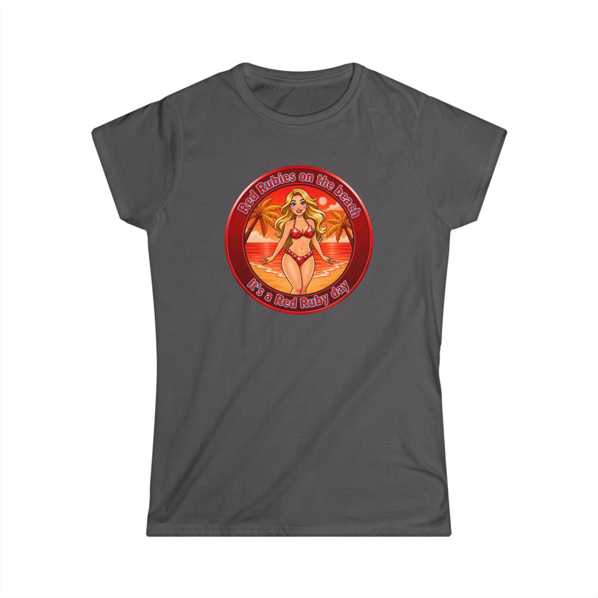 Beach Babe Graphic Tee — "Red Rubies On The Beach" Retro Bikini Design