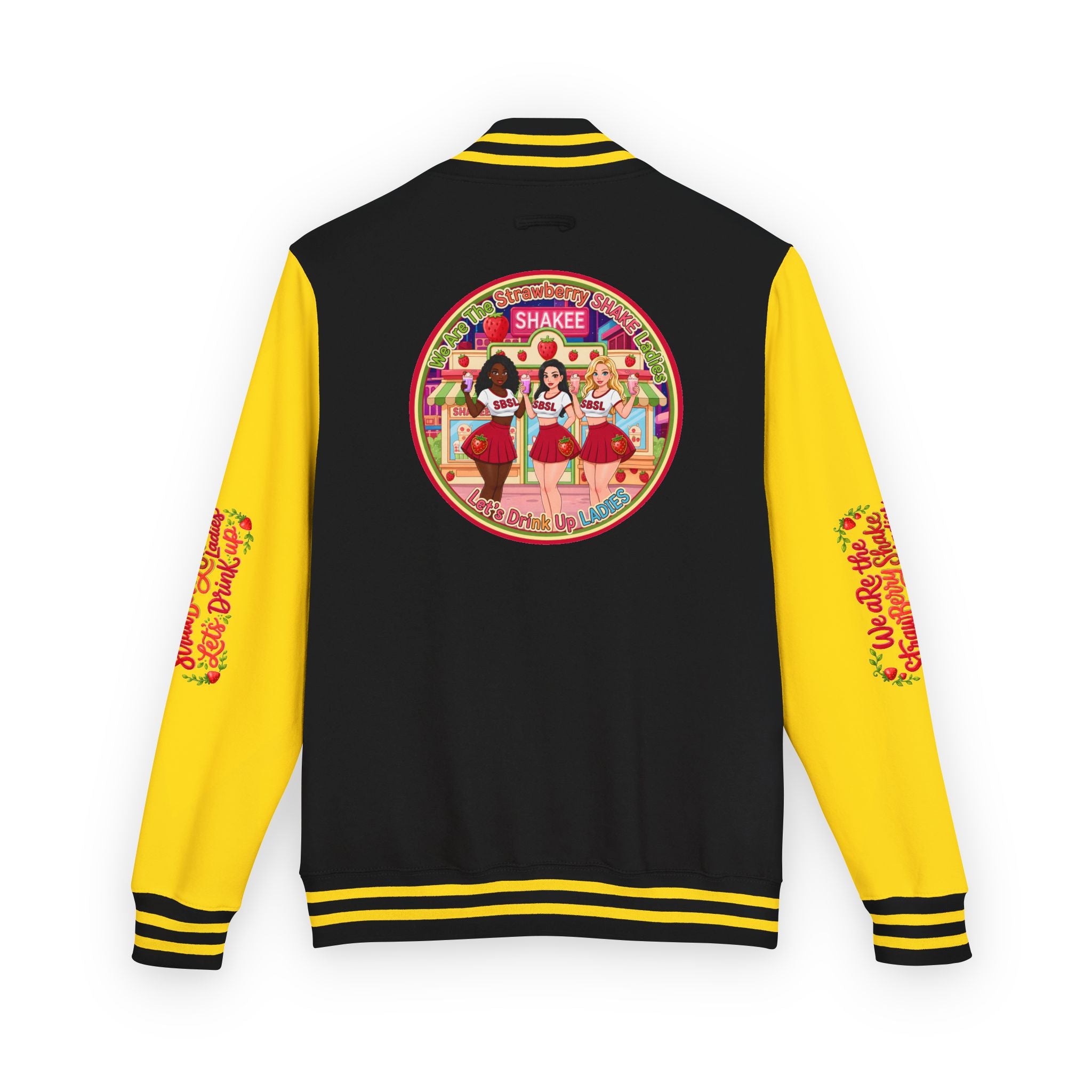 Letterman Jacket — " We Are The Strawberry Shake Ladies " Retro 'Shakee' Strawberry Girls Varsity Jacket
