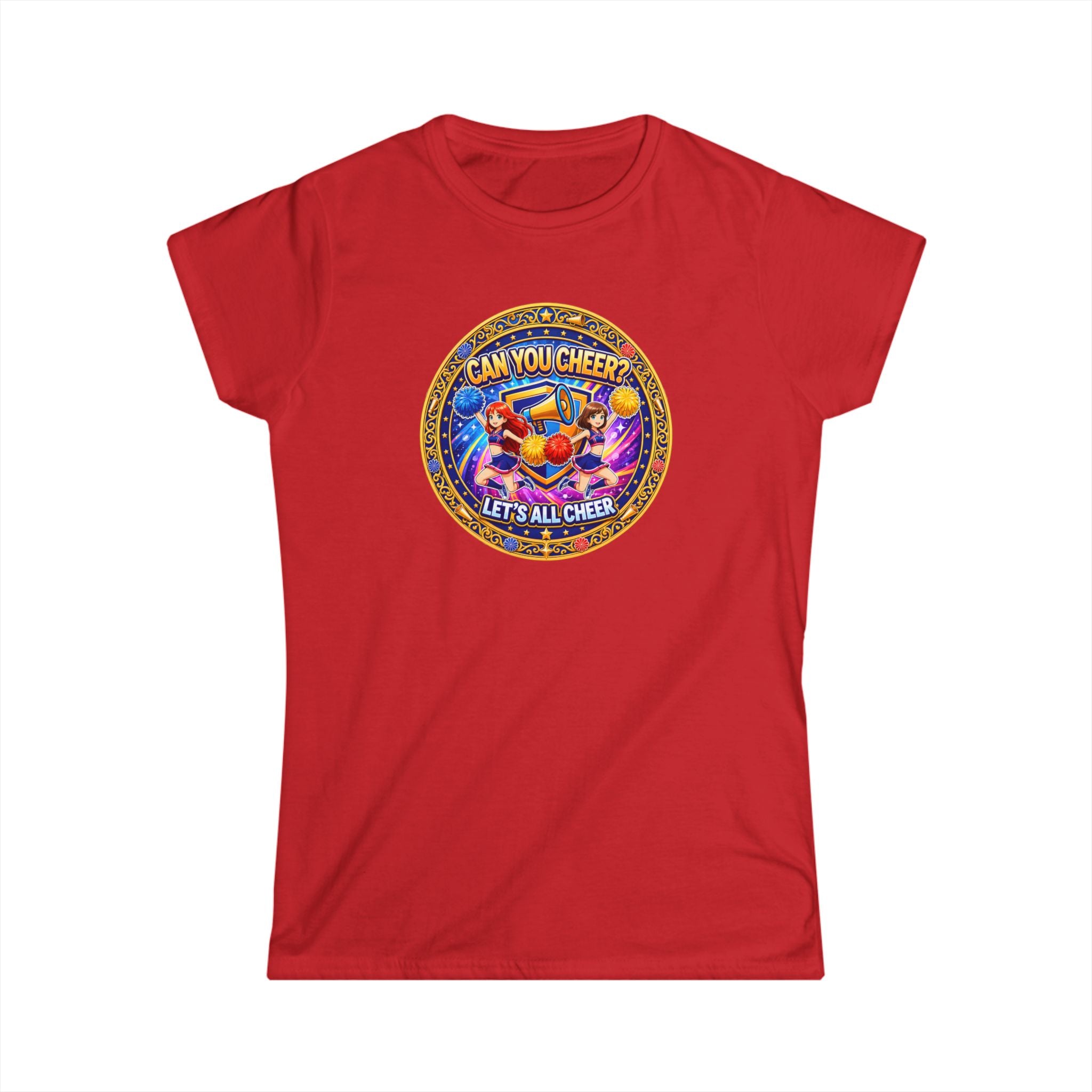 "Can You Cheer? Let's All Cheer" Women’s Graphic Tee — Colorful Cheerleading Spirit Shirt
