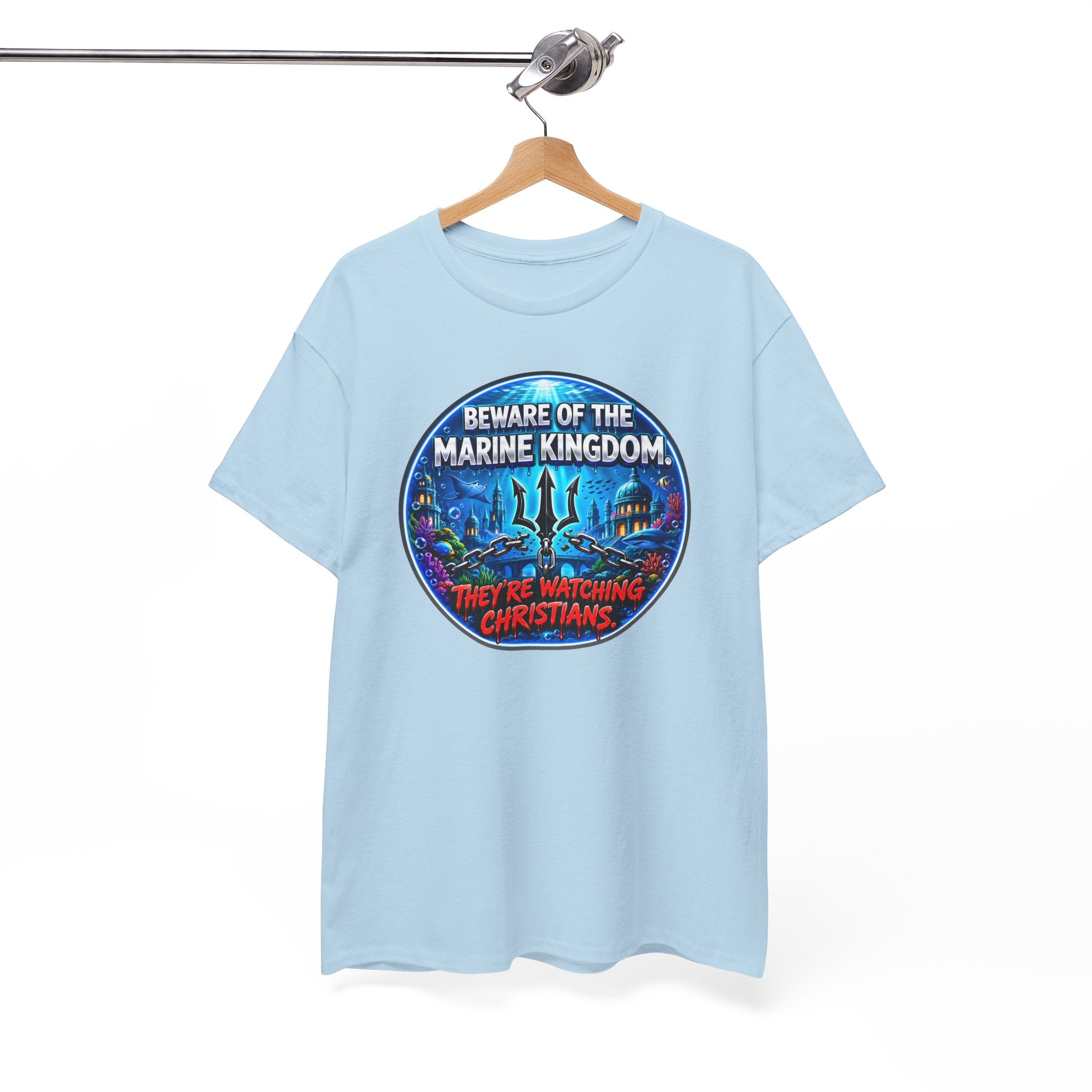 T‑Shirt — "Beware of the Marine Kingdom: They're Watching Christians" Vintage Ocean Graphic