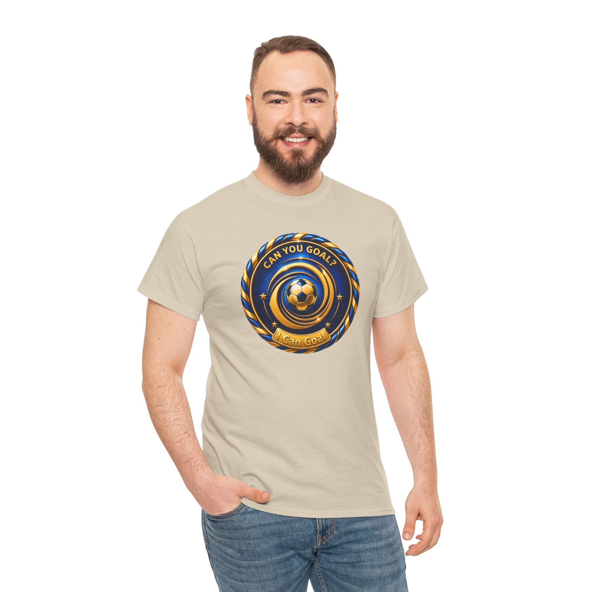 Soccer Badge Tee — "Can You Goal?" Graphic Soccer Shirt