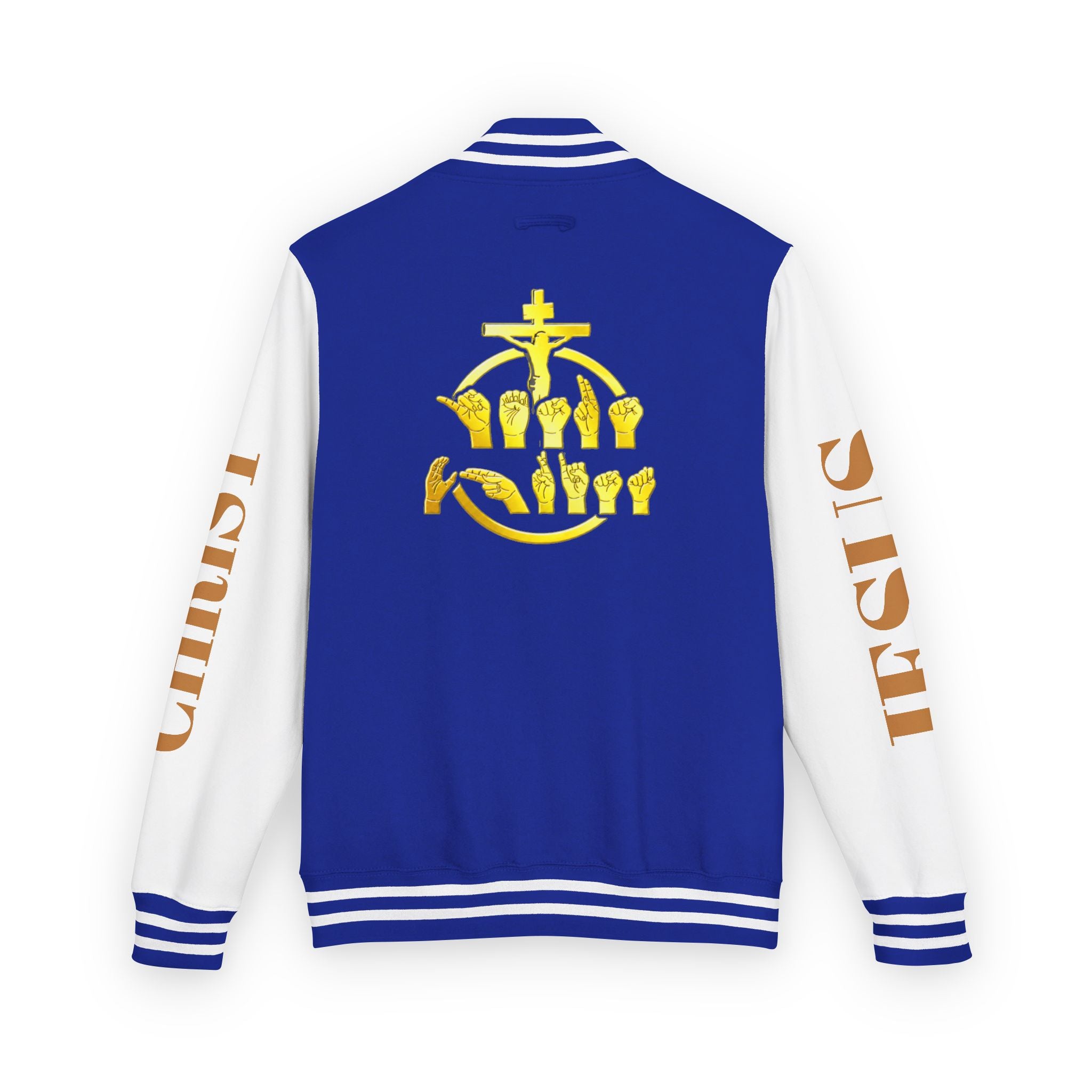 "Sign language Jesus Christ "     Christian Crown Letterman Jacket - 'Jesus Christ' Sleeve Varsity Jacket
