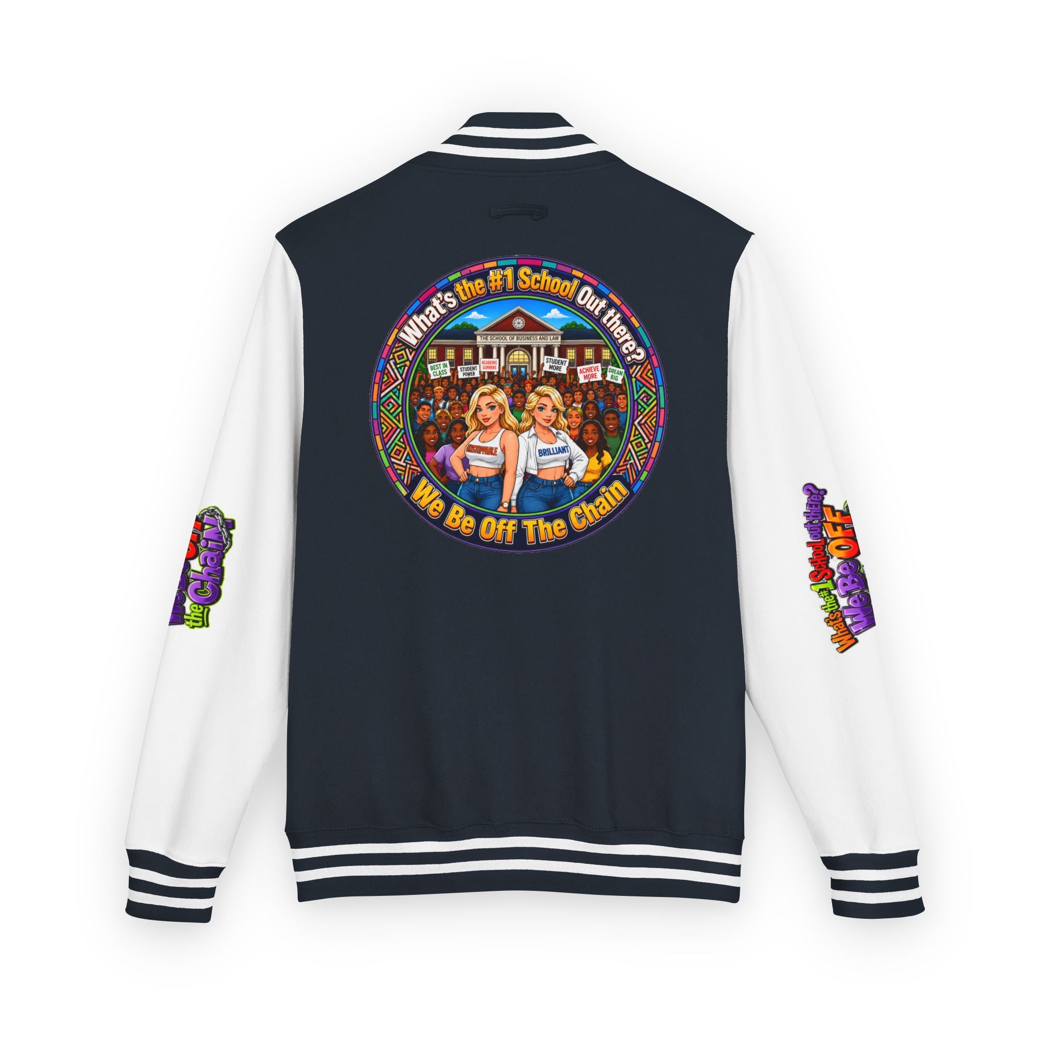 Letterman Jacket — Colorful School Spirit "We Be Off The Chain" Varsity Jacket