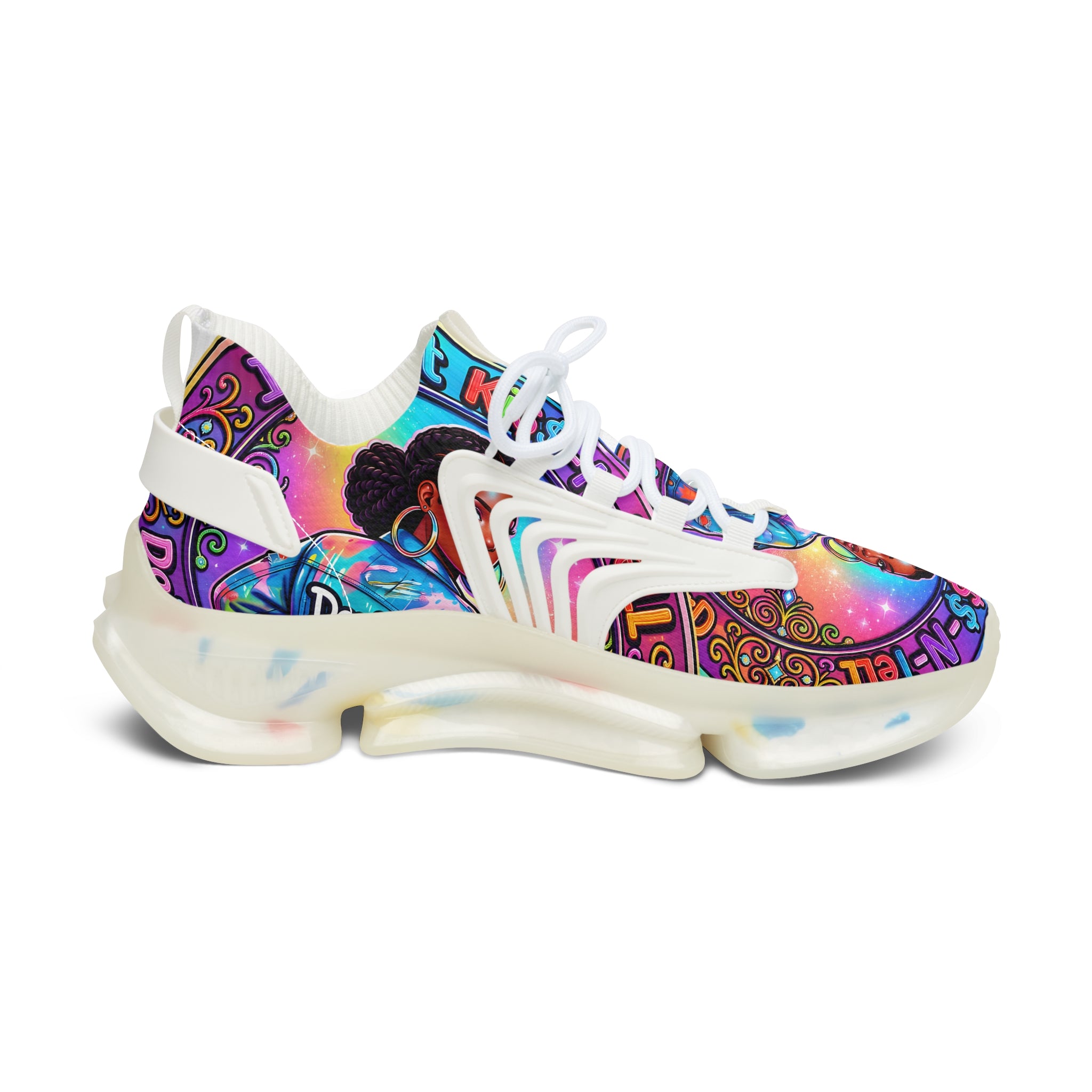 Women's Mesh Sneakers — Colorful Afrocentric Portrait Running Shoes with 'Don't Kiss' Graphic