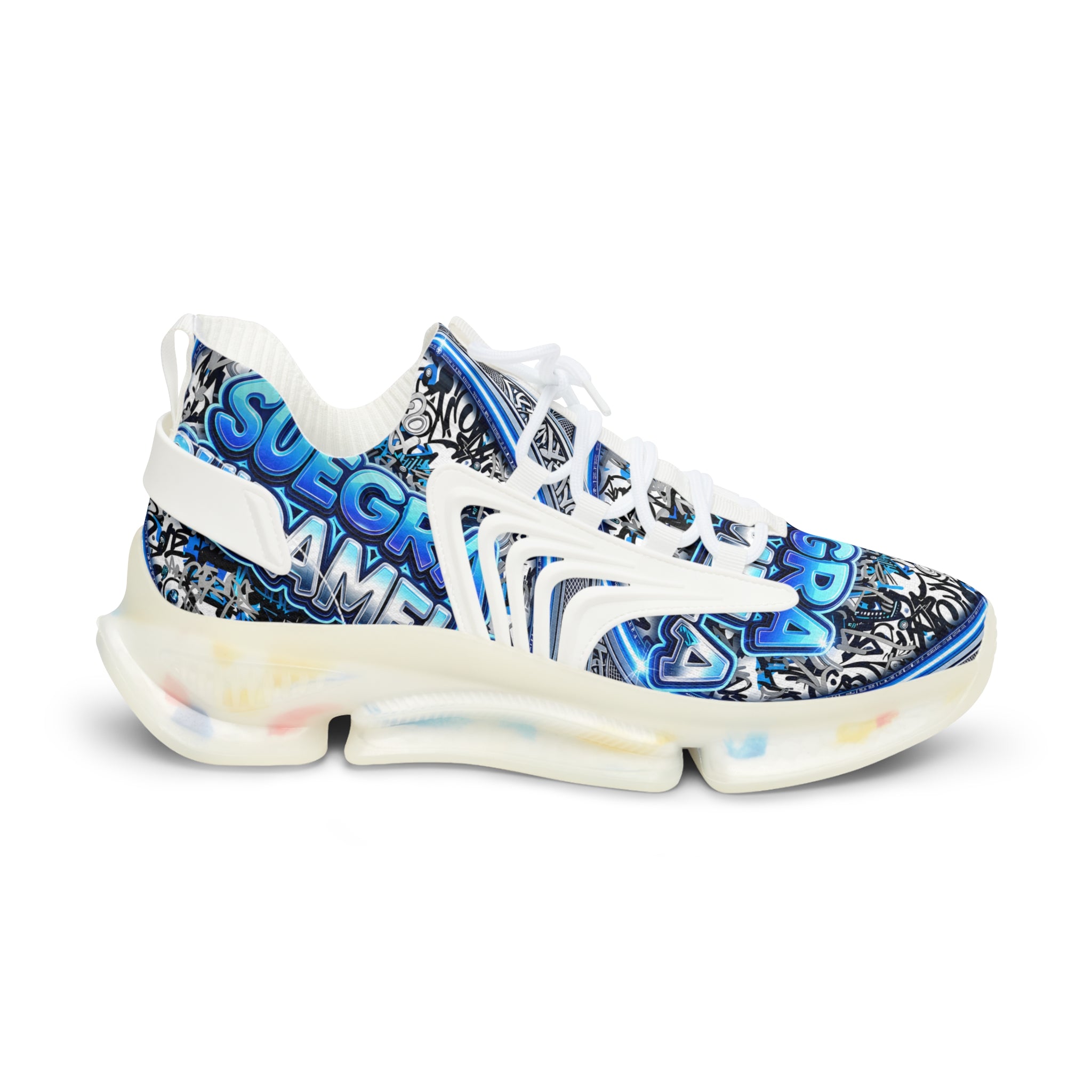 Mesh Sneakers — Blue 'SUEGRA CUIDAMELA' Graphic Athletic Shoes