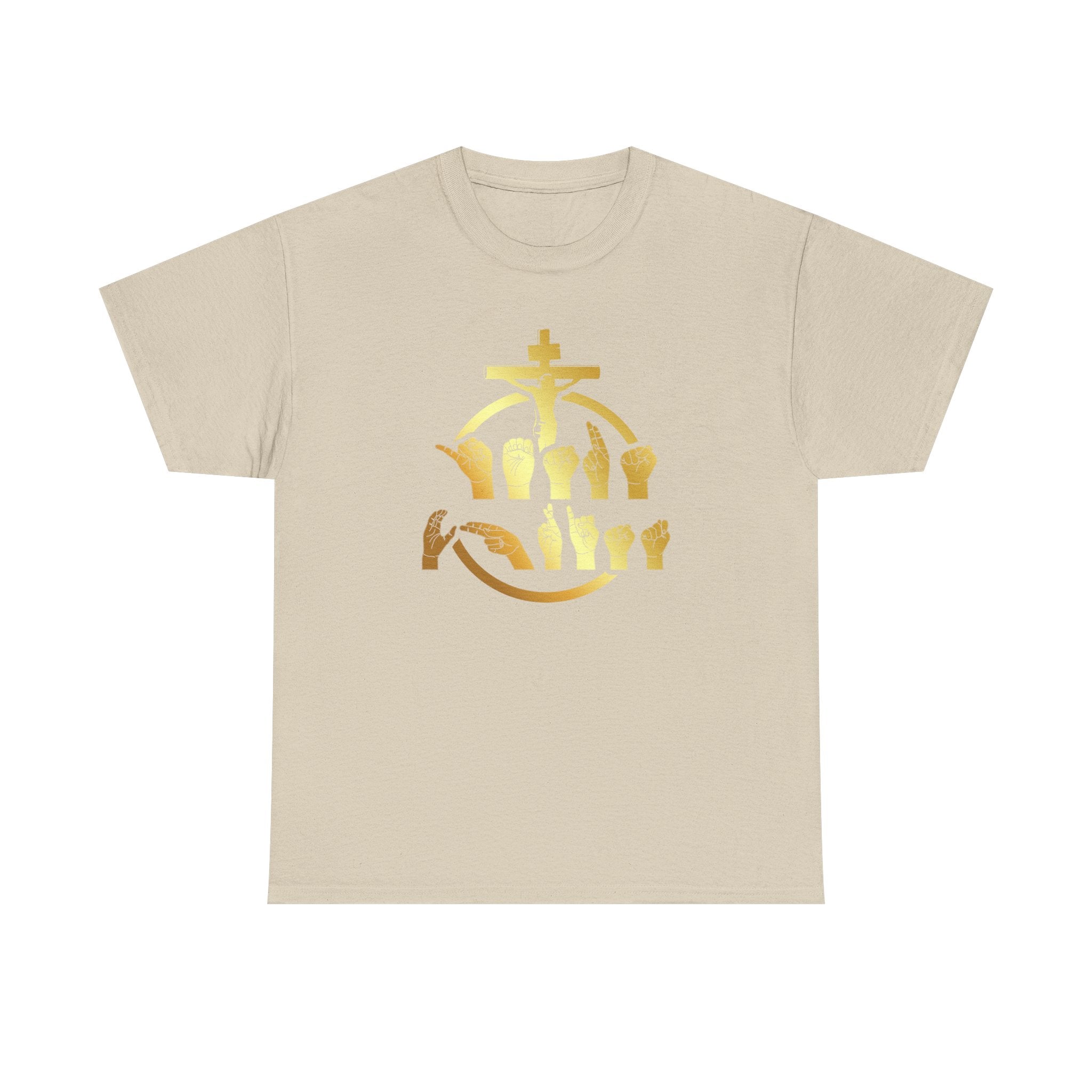 Christian Cross & Praying Hands T-Shirt — Gold Faith Design