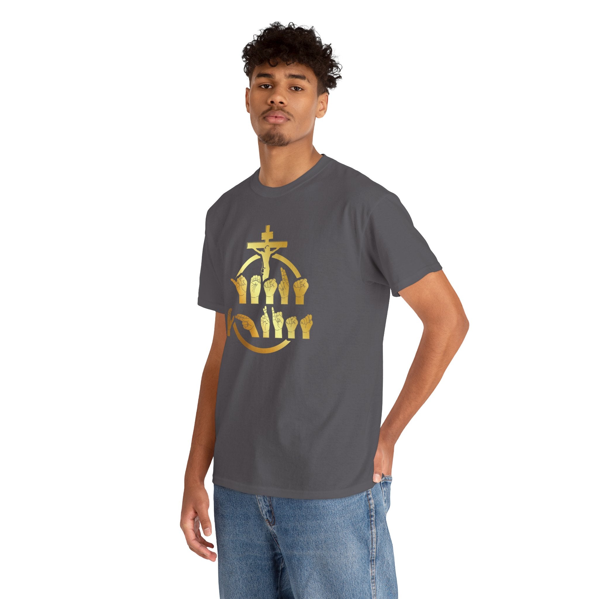 Christian Cross & Praying Hands T-Shirt — Gold Faith Design